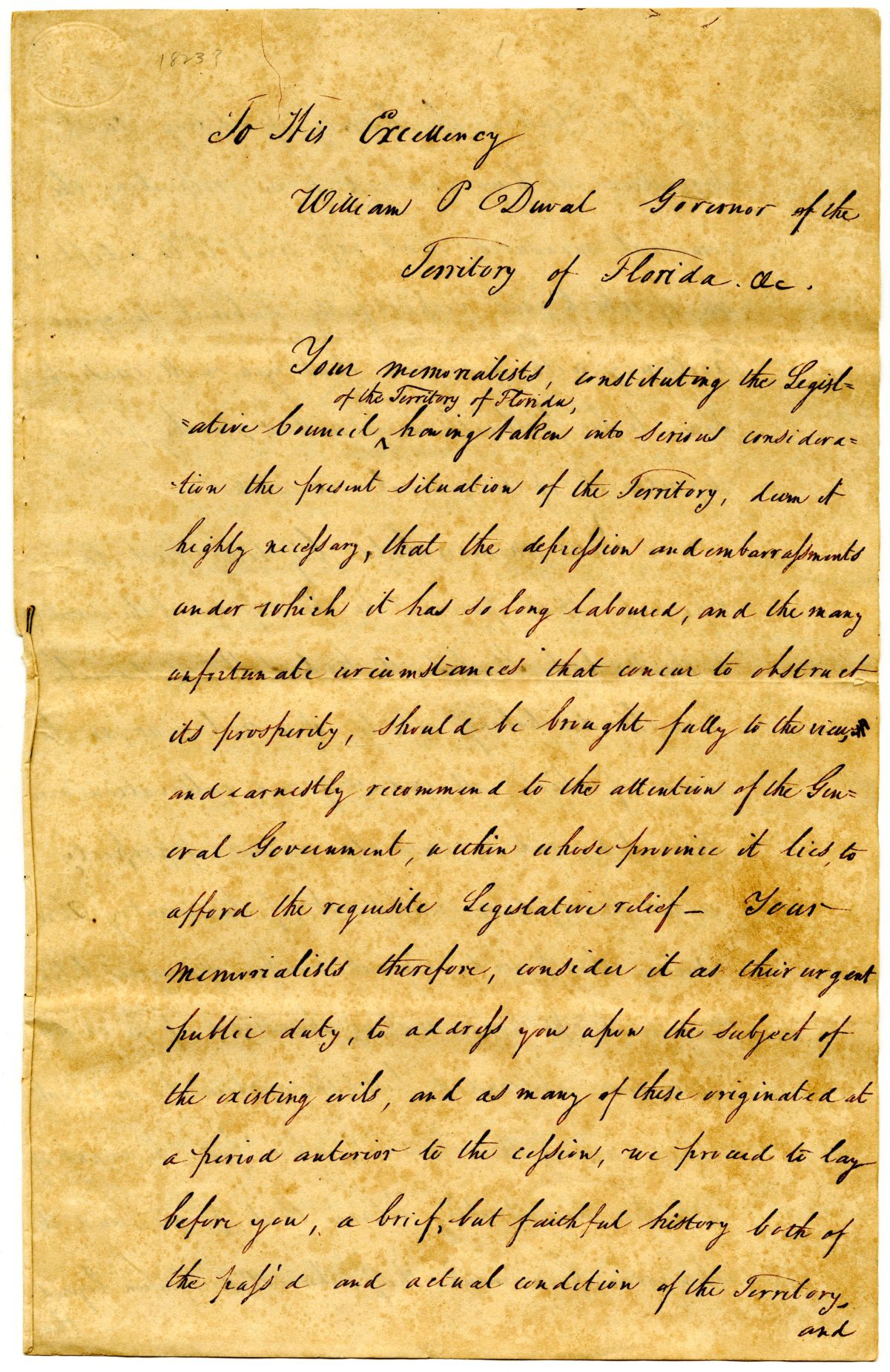 Memorial from the Florida Legislative Council Recommending Legislation to Governor William Pope Duval, 1823