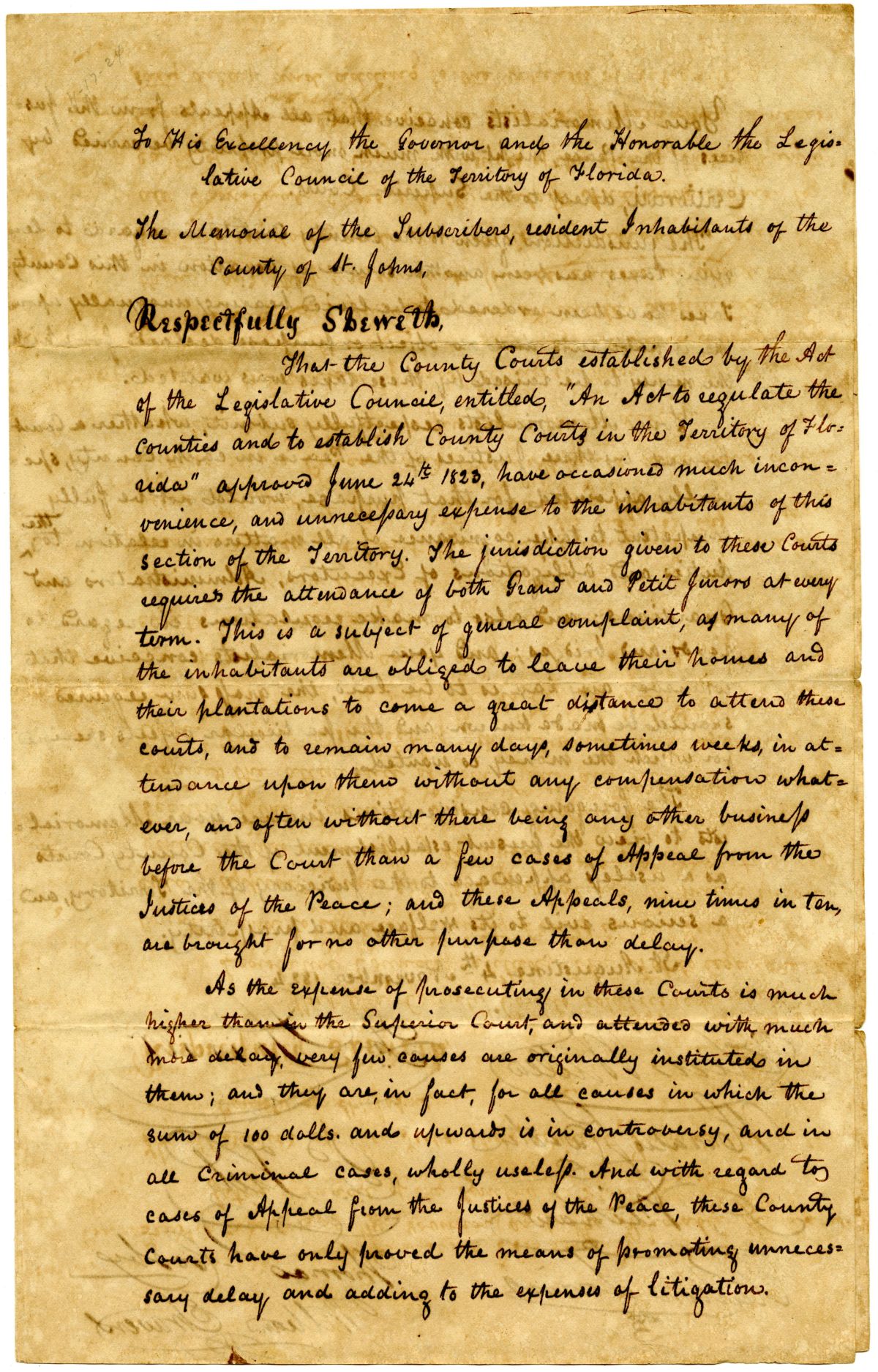 Petition from Citizens of Saint Johns County Requesting that the Territorial Government Amend Laws Concerning the Court System and Taxes, 1824