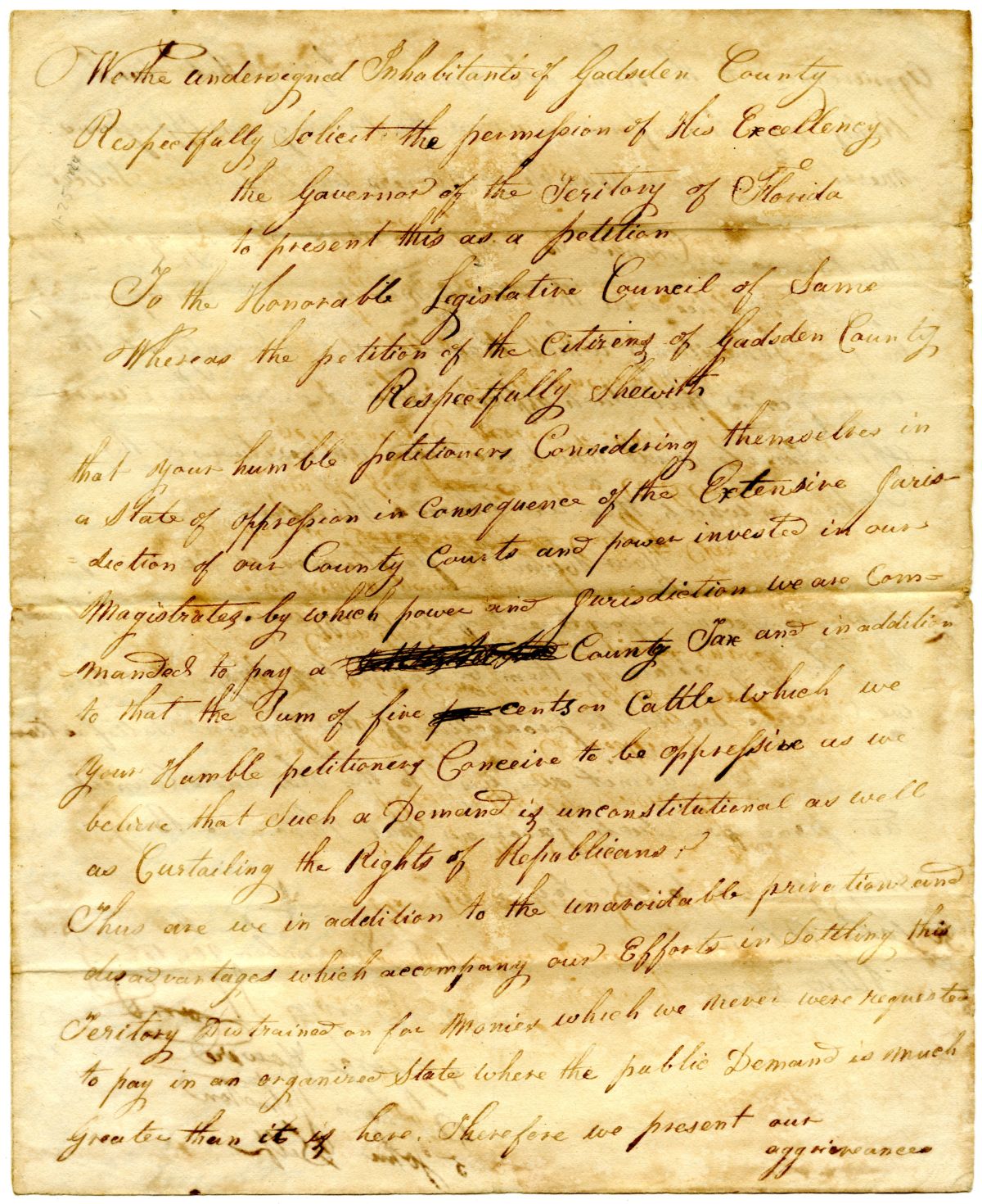 Petition from Residents of Gadsden County Declaring the Power of the County Courts Oppressive, 1824