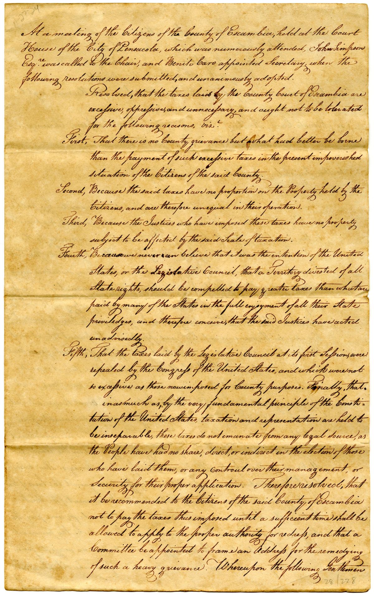 Resolution by Citizens of Escambia County Condemning Taxes Levied by the County Court, 1824