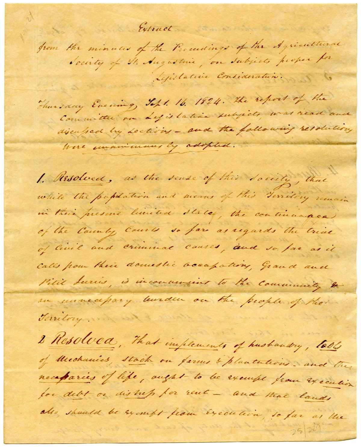 Resolutions of the Agricultural Society of Saint Augustine for Legislative Consideration, 1824