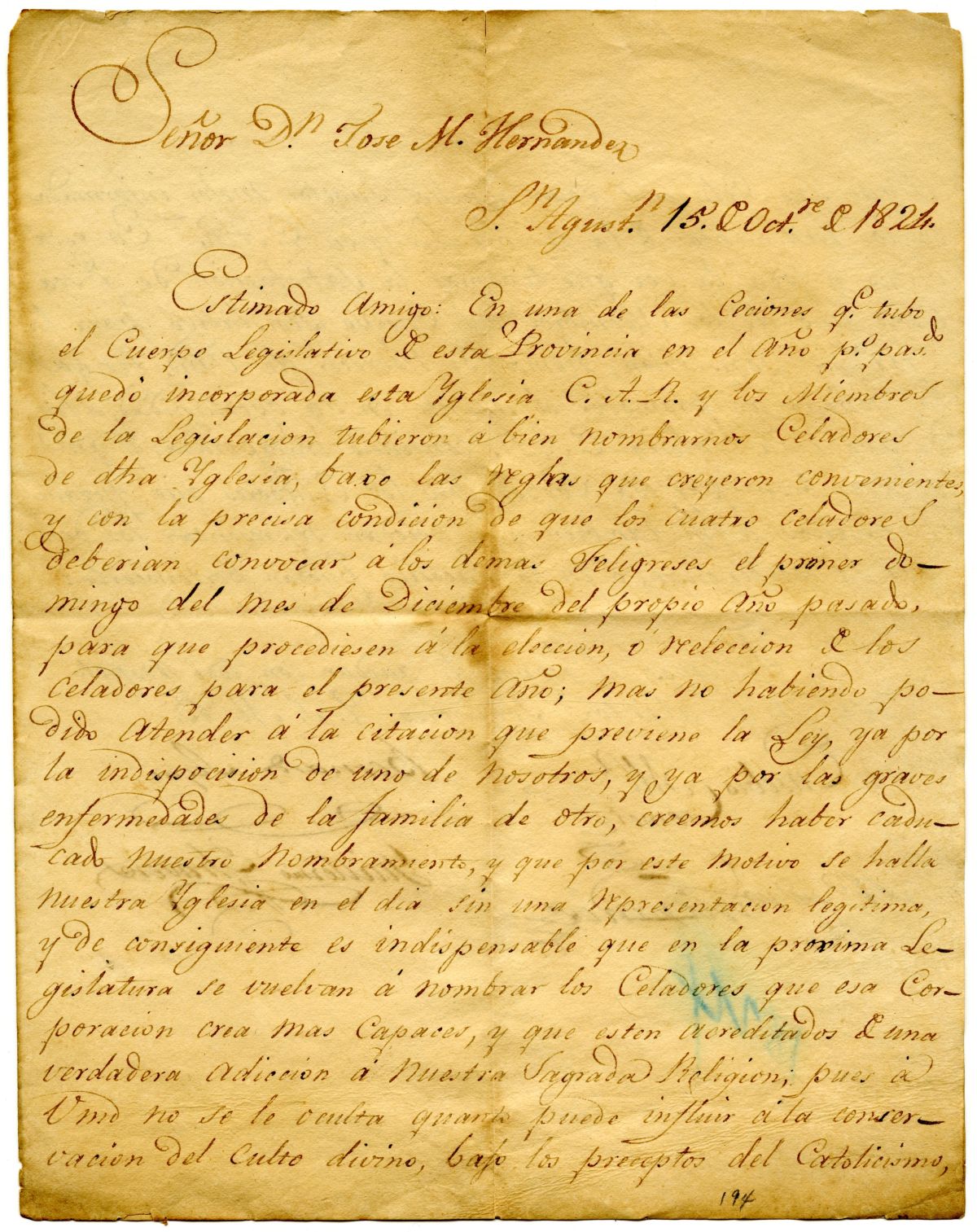 Letter to Don Jose M. Hernandez from the Catholic Church of Saint Augustine, 1824