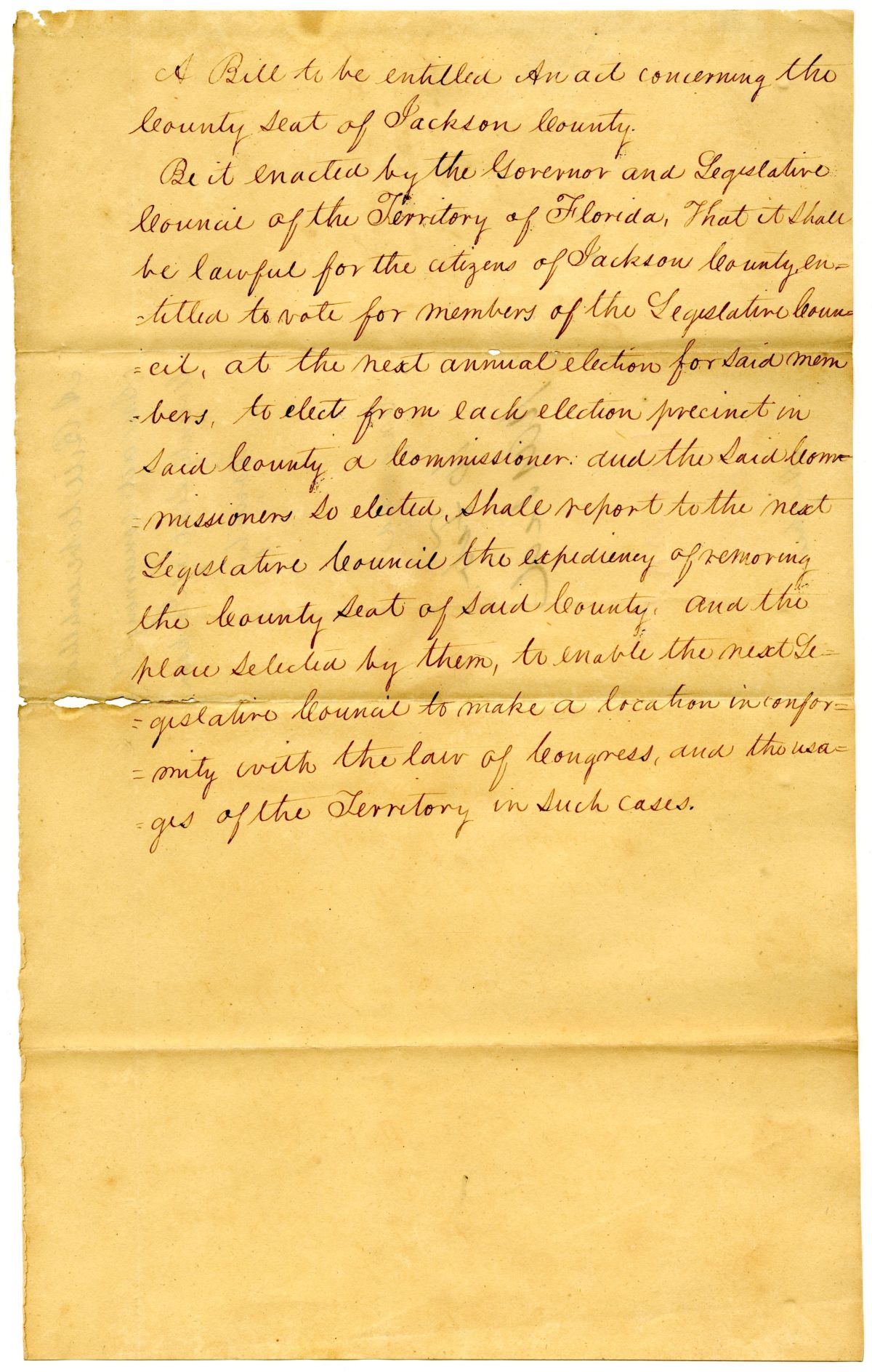 Draft of an Act Concerning the County Seat of Jackson County, 1825