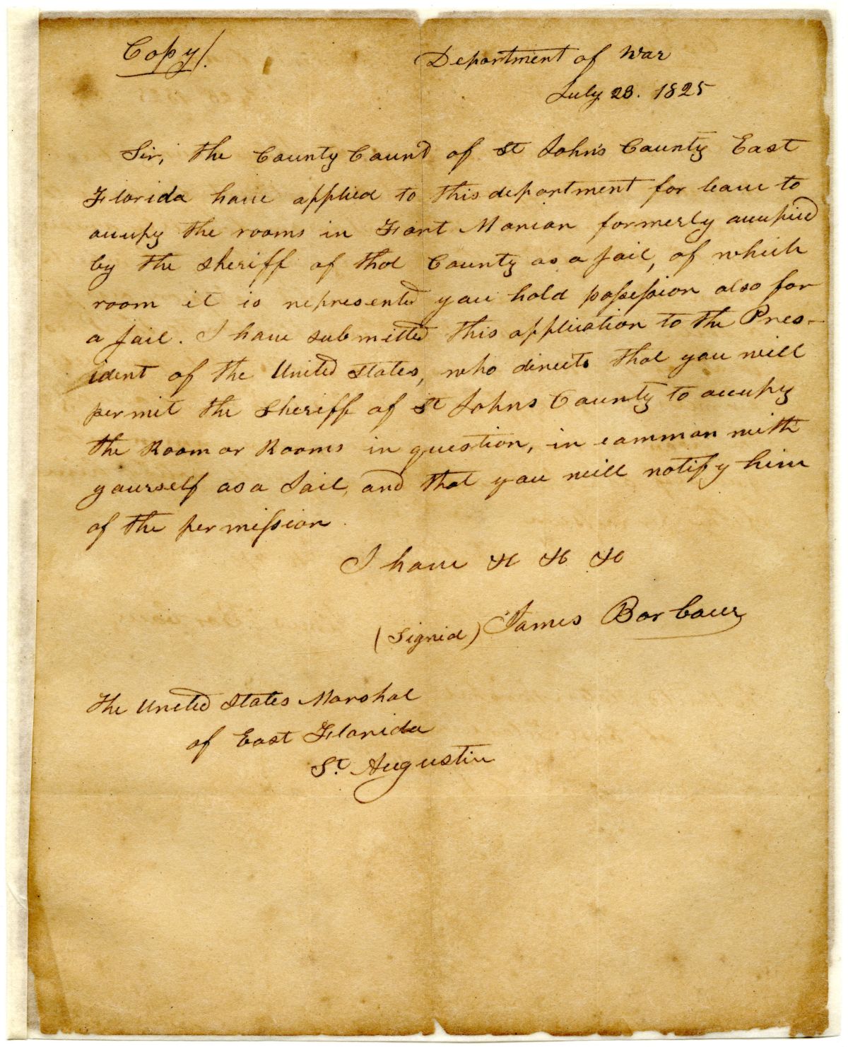 Letter from James Barbour Concerning the Use of Rooms in Fort Marion, 1825