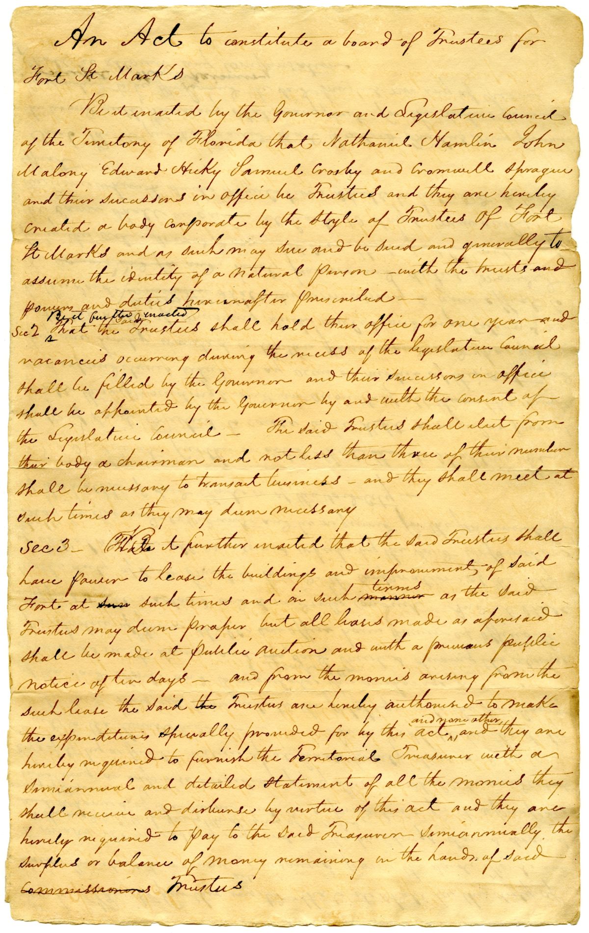 Draft of an Act to Constitute a Board of Trustees for Fort Saint Marks, 1827