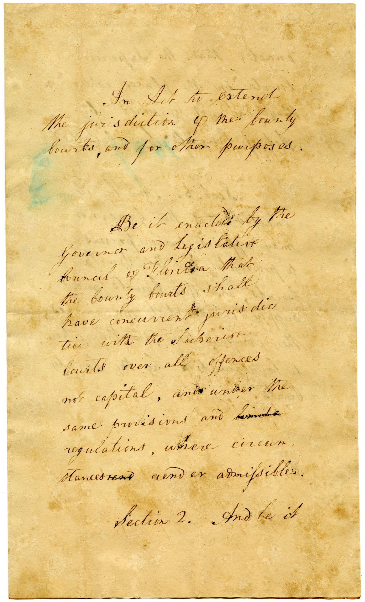 Draft of an Act to Extend the Jurisdiction of the County Courts and for Other Purposes, circa 1827