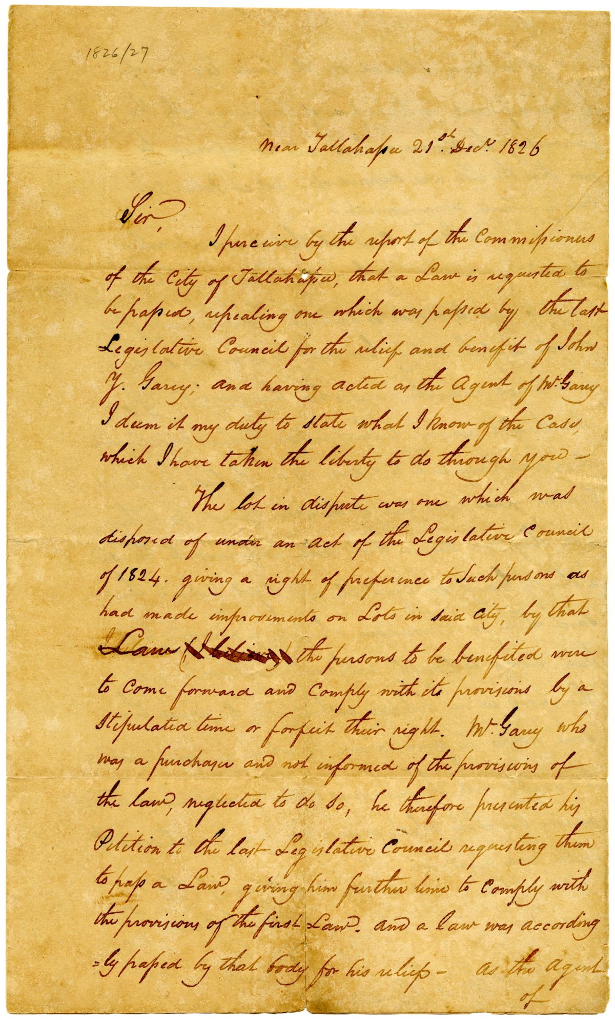 Letter from Benjamin Chaires to William Wyatt Concerning the Relief of John Y. Garey, 1826