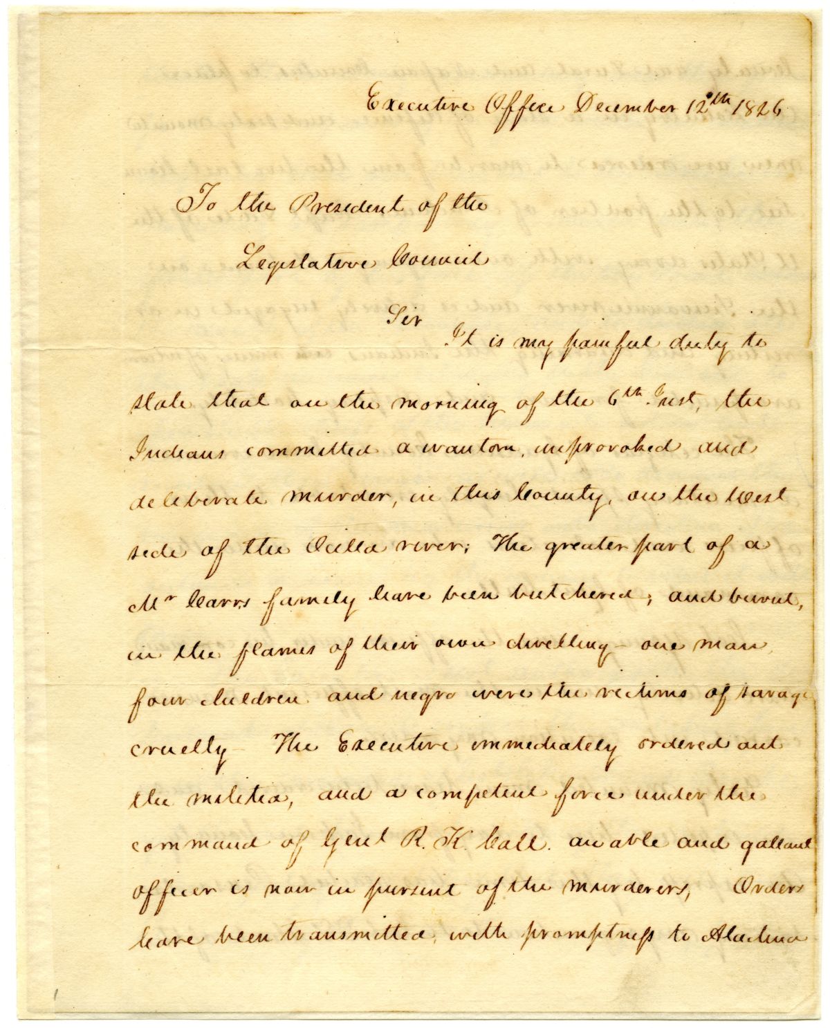 Letter from Governor William Pope Duval to the President of the Territorial Legislative Council Regarding an Indian Raid, 1826