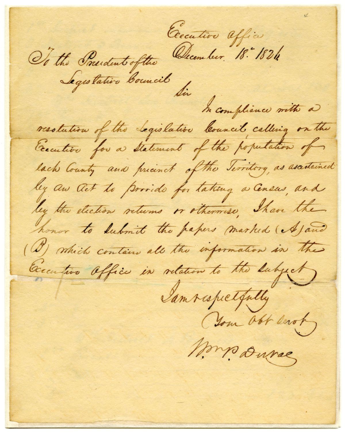 Letter from Governor William Pope Duval to the President of the Territorial Legislative Council Regarding the Census, 1826