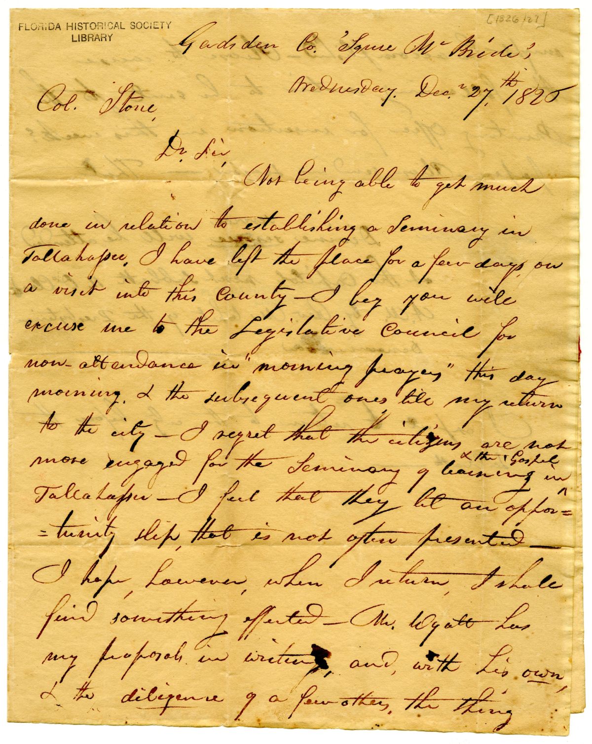 Letter from 'Squire McBride to Colonel Stone Regarding a Seminary in Tallahassee, 1826