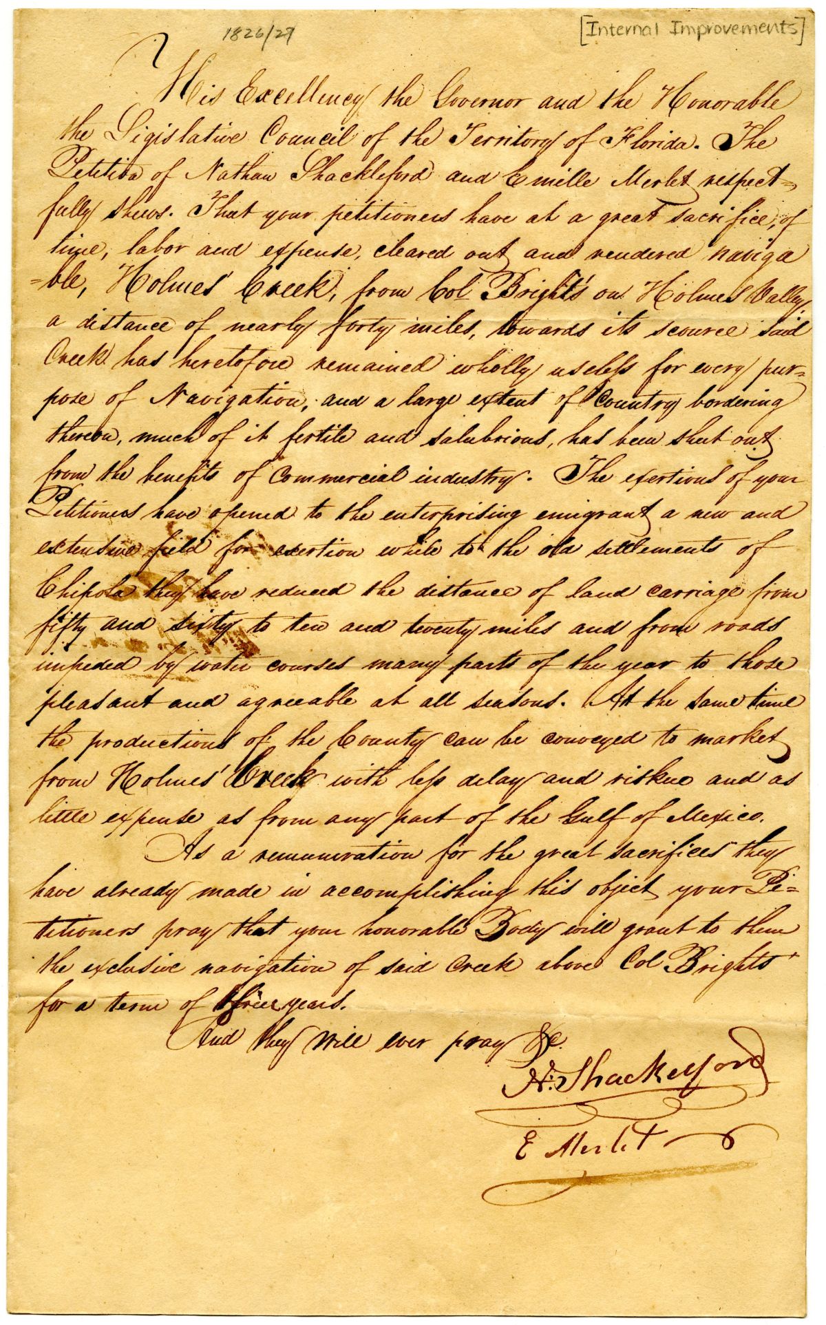 Petition of Nathan Shackelford and Emille Merlet Requesting Compensation for Clearing Out Holmes Creek, 1826