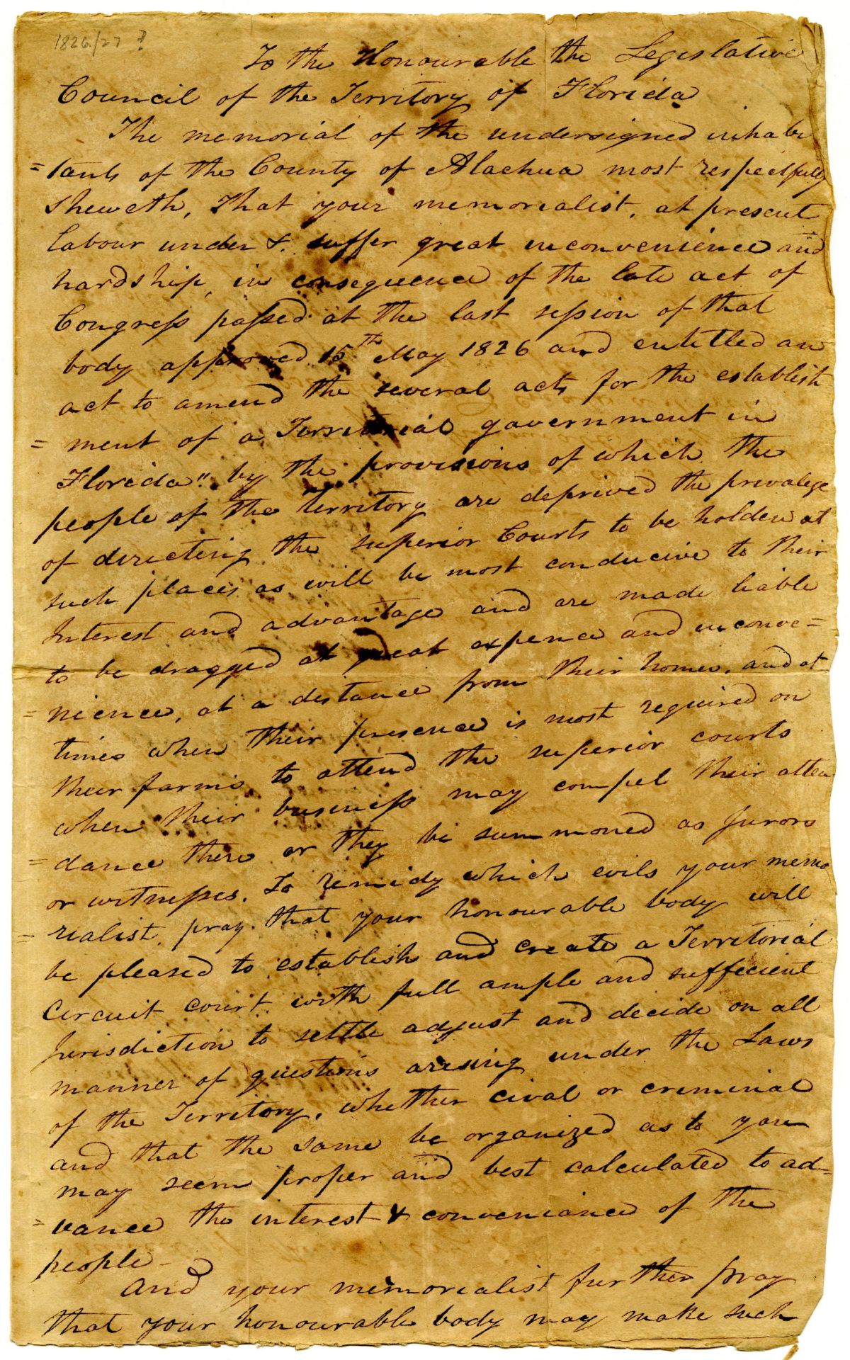 Petition of Citizens of Alachua County Requesting a Circuit Court, 1826