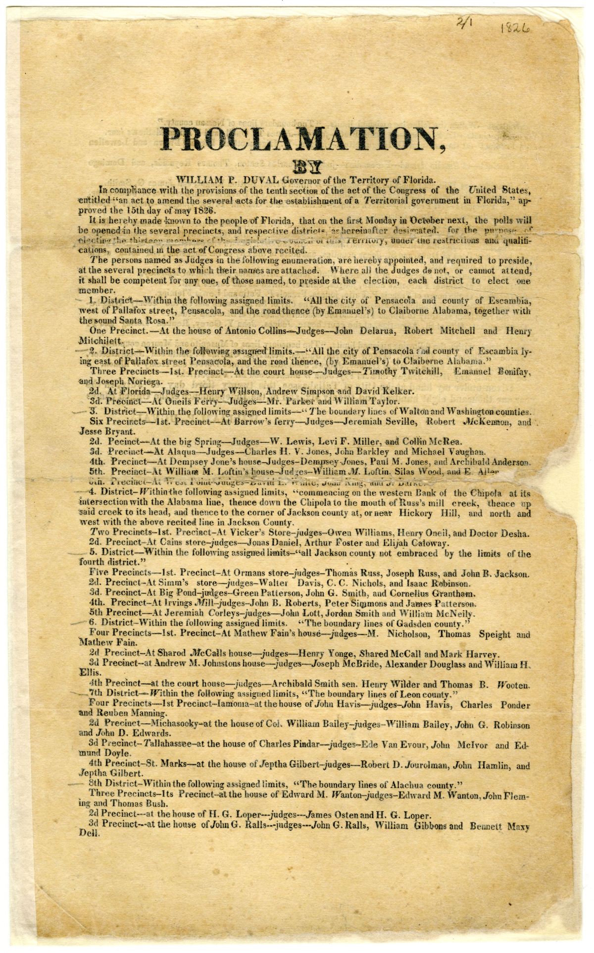 Proclamation by Governor William Pope Duval Announcing an Election for the Territorial Legislative Council, 1826