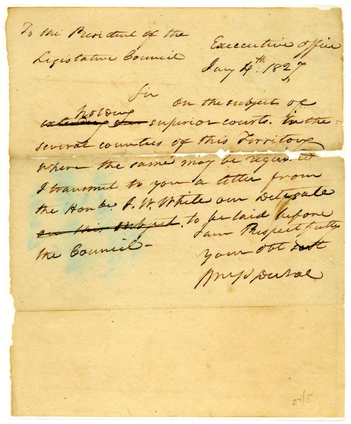 Letter from Governor William Pope Duval to the President of the Territorial Legislative Council Concerning Superior Courts, 1827