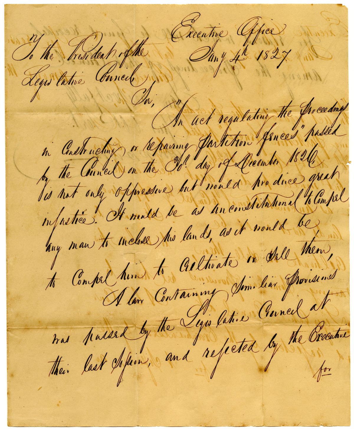 Letter from Governor William Pope Duval to the President of the Territorial Legislative Council Providing Rationale for a Veto, 1827