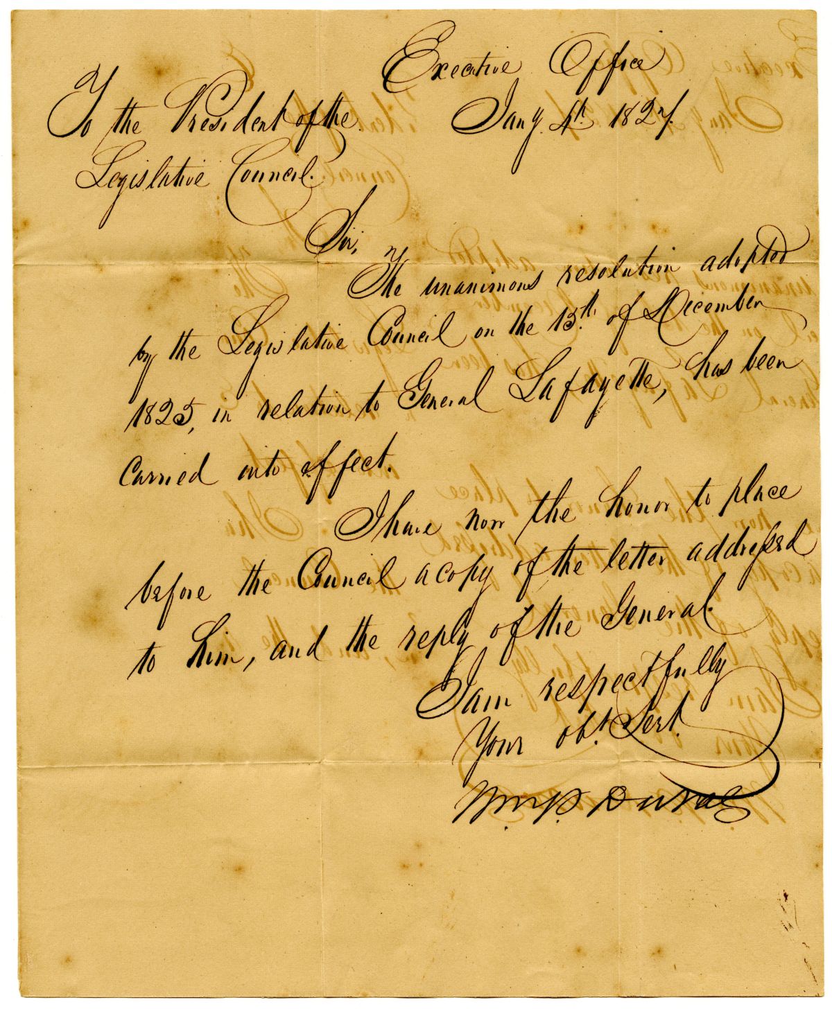 Letter from Governor William Pope Duval to the President of the Territorial Legislative Council Concerning the Marquis de Lafayette, 1827