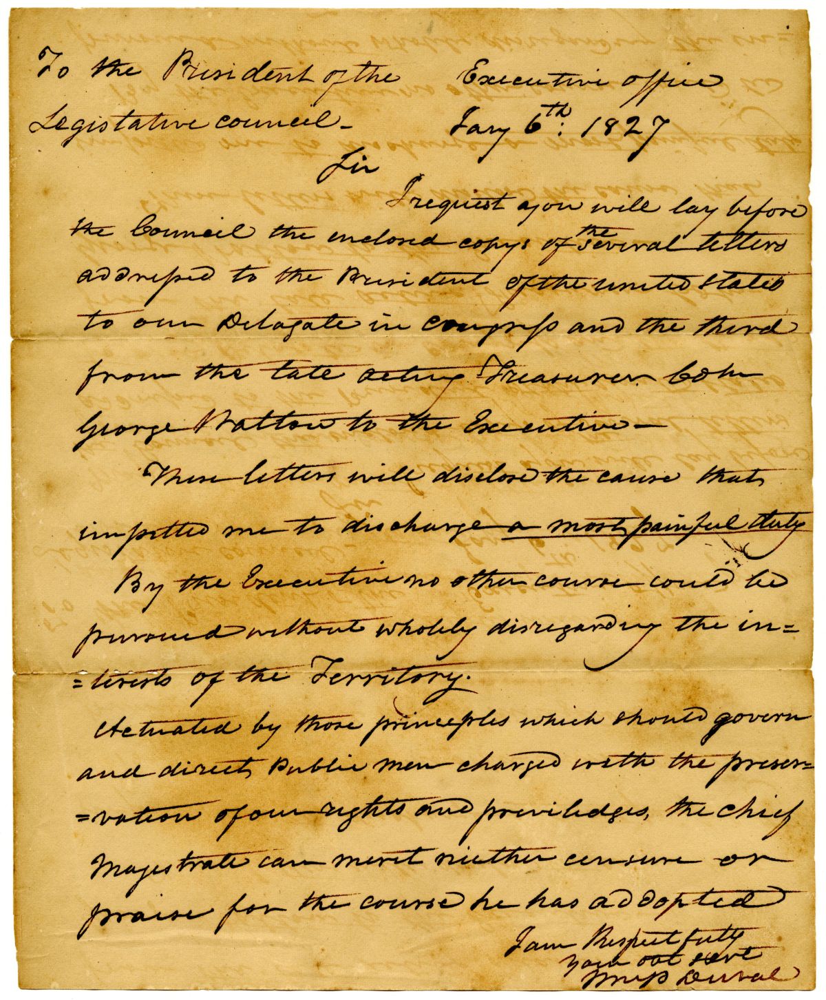 Letter from Governor William Pope Duval to the President of the Territorial Legislative Council Concerning Recent Executive Action. 1827