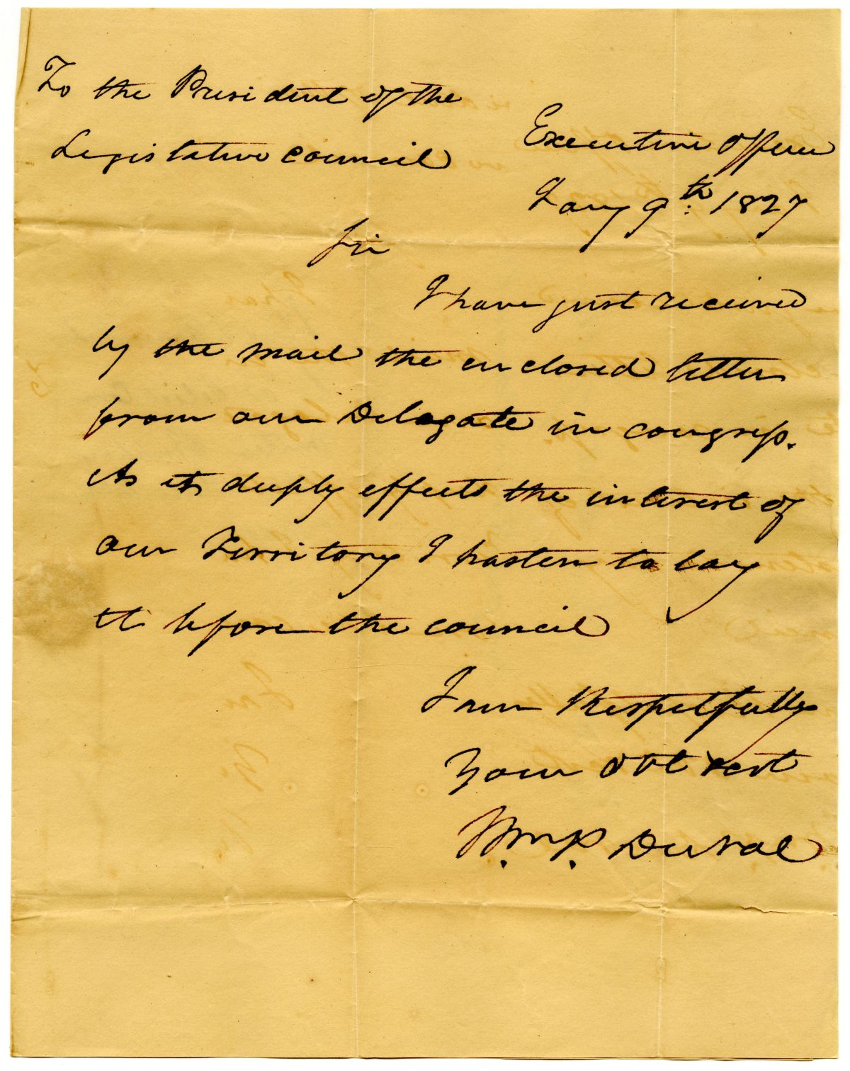 Letter from Governor William Pope Duval to the President of the Territorial Legislative Council Concerning the Delegate in Congress, 1827