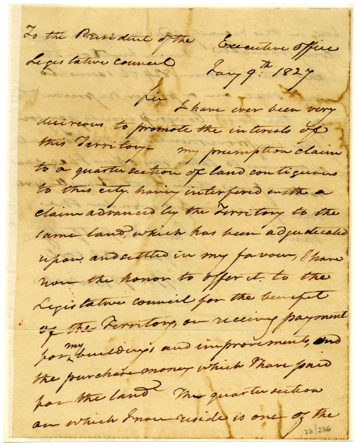 Letter from Governor William Pope Duval to the President of the Territorial Legislative Council Offering to Sell a Plot of Land. 1827