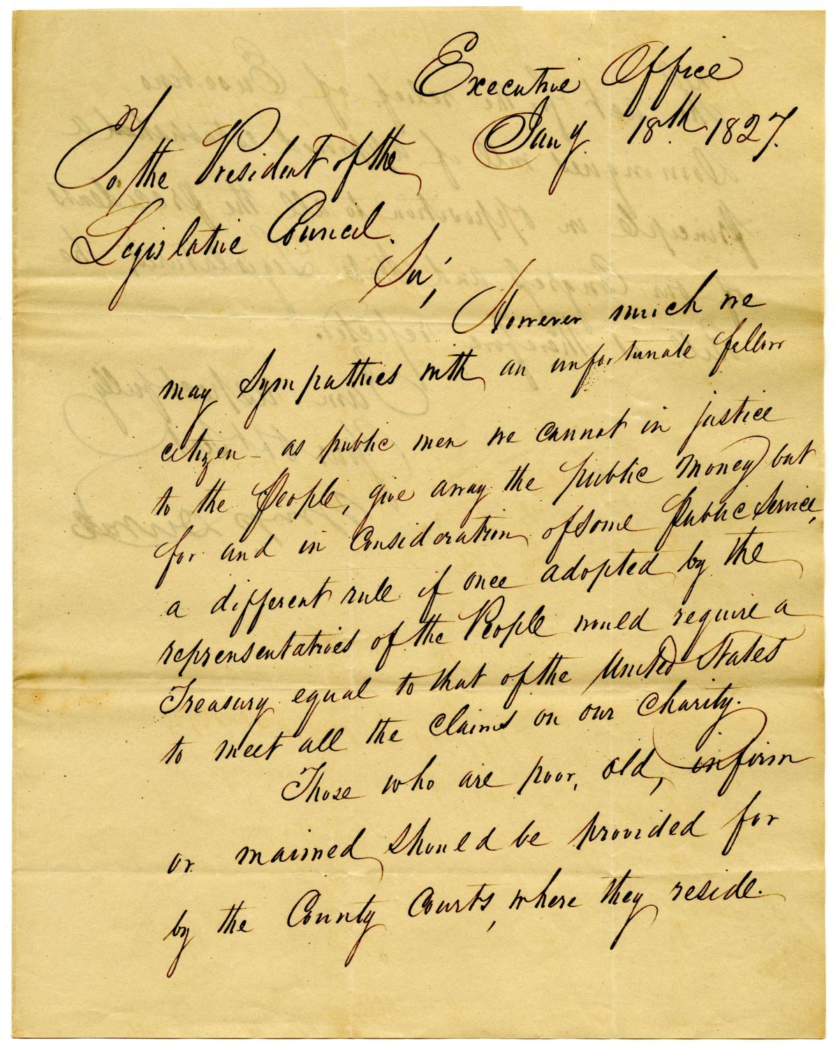 Letter from Governor William Pope Duval to the President of the Territorial Legislative Council Rejecting a Relief Bill, 1827