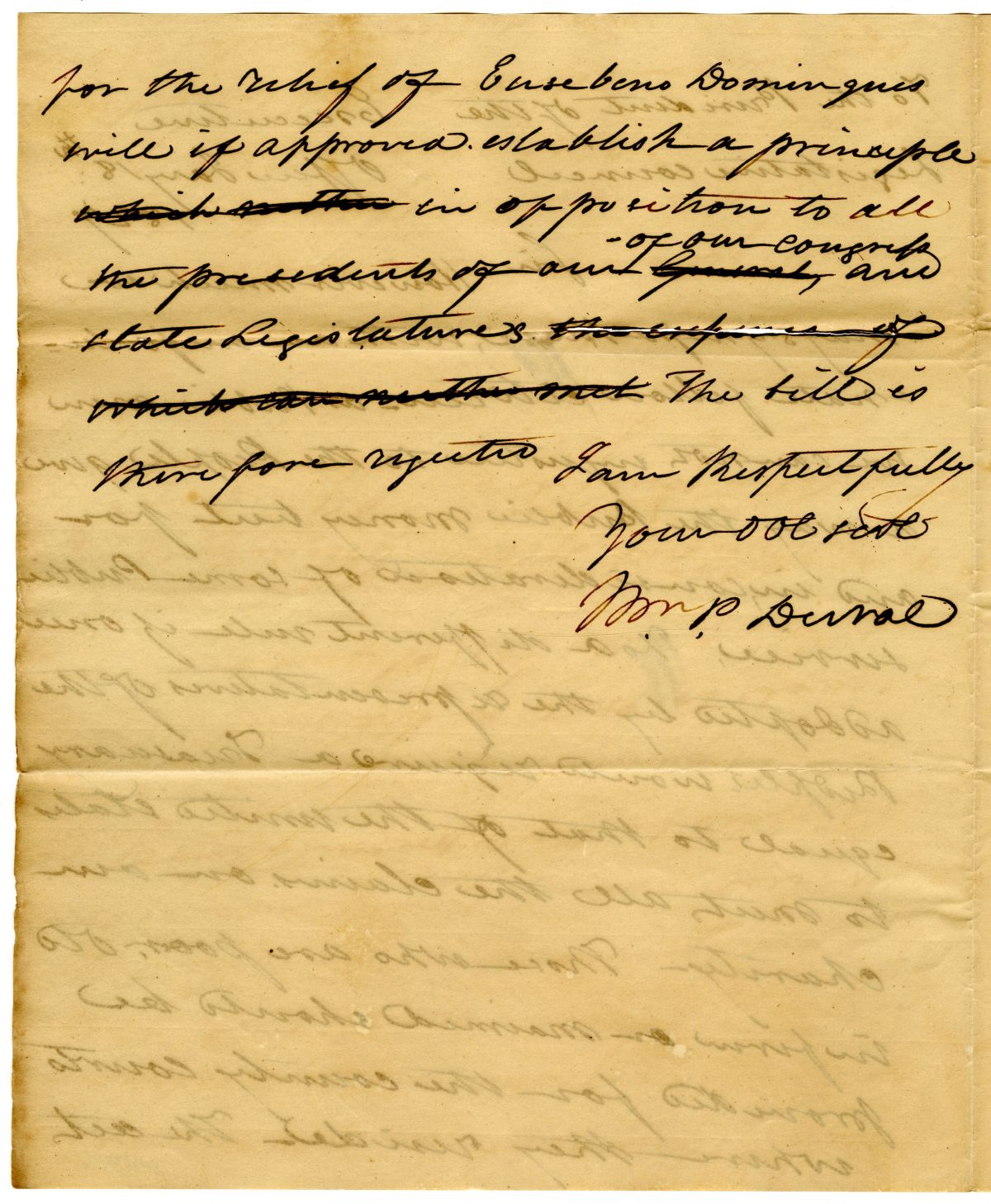 Letter from Governor William Pope Duval to the President of the Territorial Legislative Council Rejecting a Relief Bill, 1827