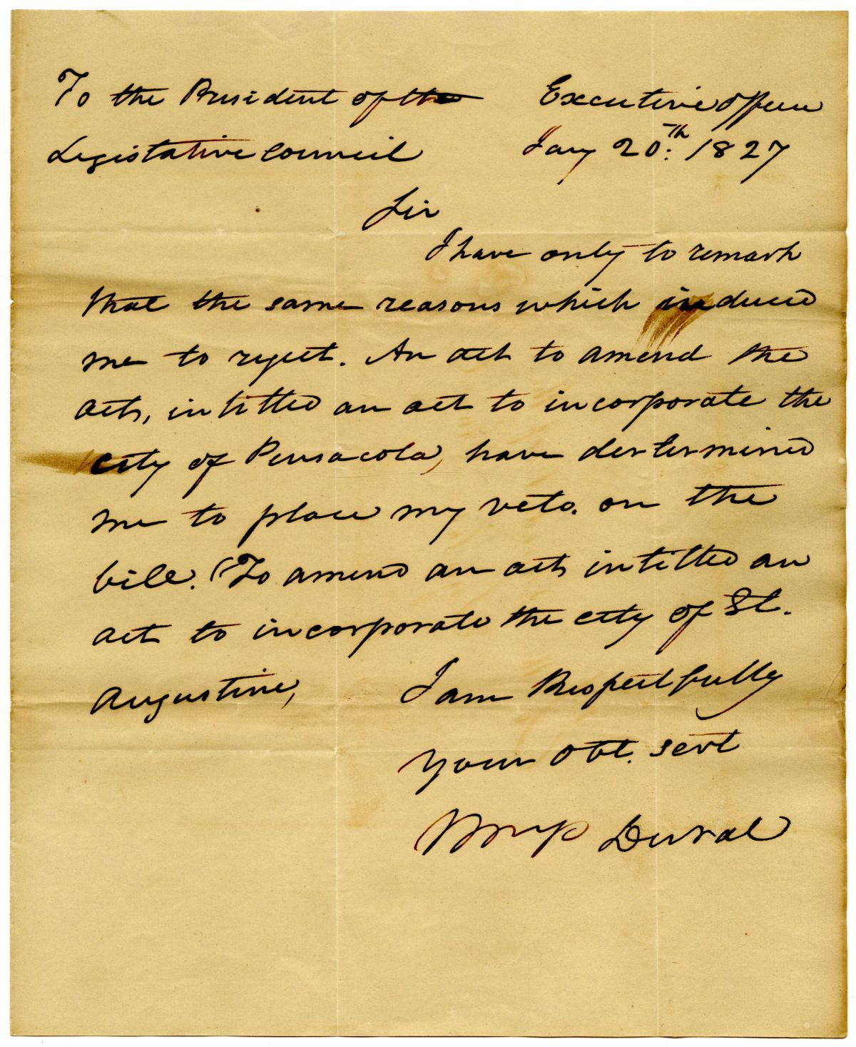 Letter from Governor William Pope Duval to the President of the Territorial Legislative Council Rejecting an Act to Legalize Gambling in Saint Augustine, 1827