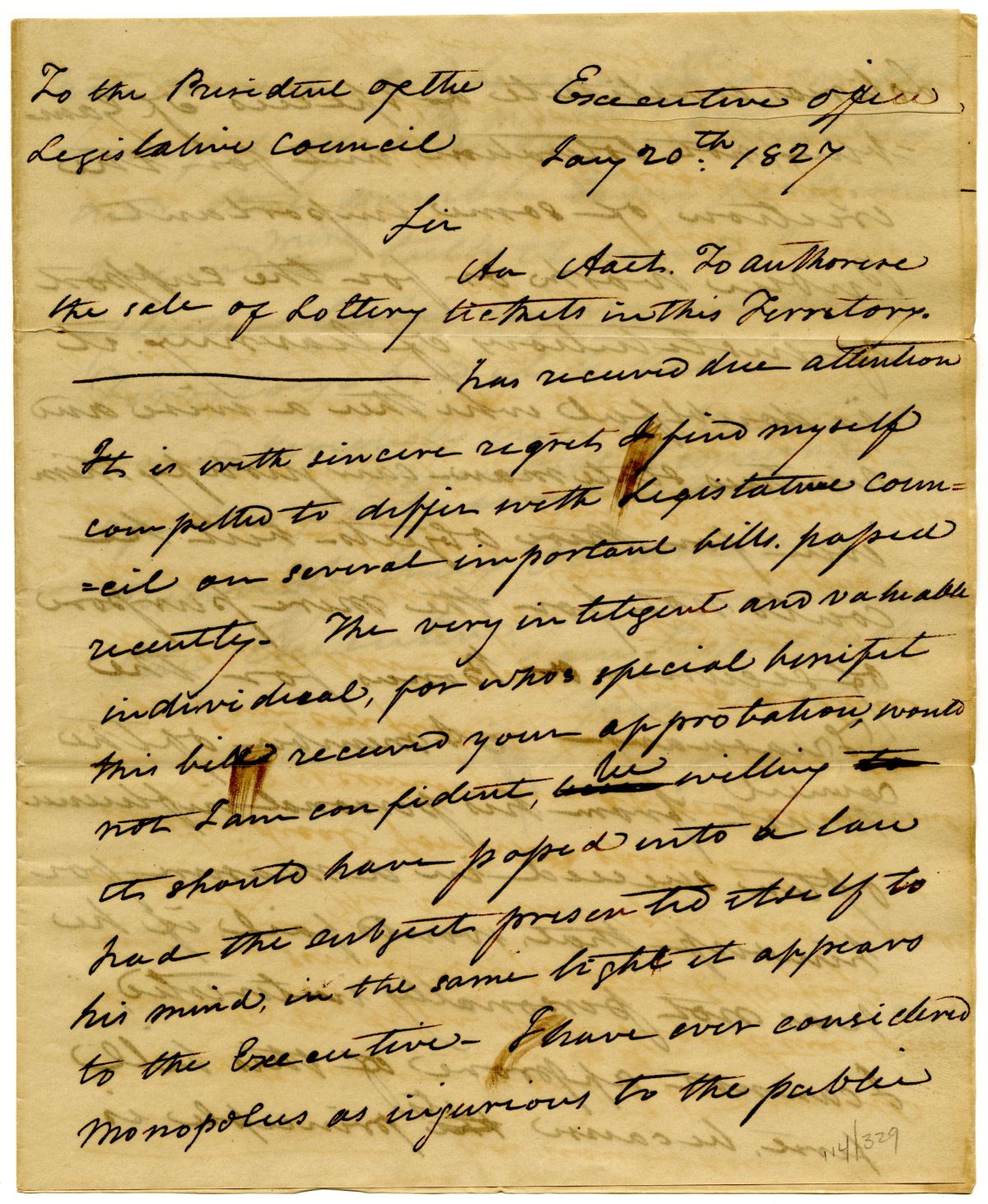 Letter from Governor William Pope Duval to the President of the Territorial Legislative Council Rejecting an Act to Create a Lottery, 1827