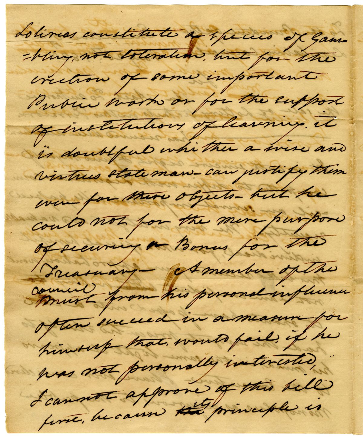 Letter from Governor William Pope Duval to the President of the Territorial Legislative Council Rejecting an Act to Create a Lottery, 1827