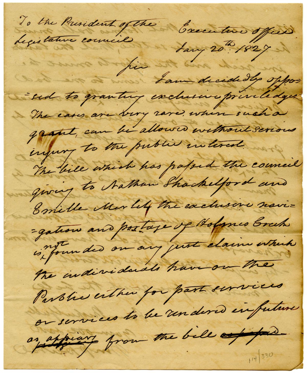 Letter from Governor William Pope Duval to the President of the Territorial Legislative Council Rejecting a Monopoly, 1827