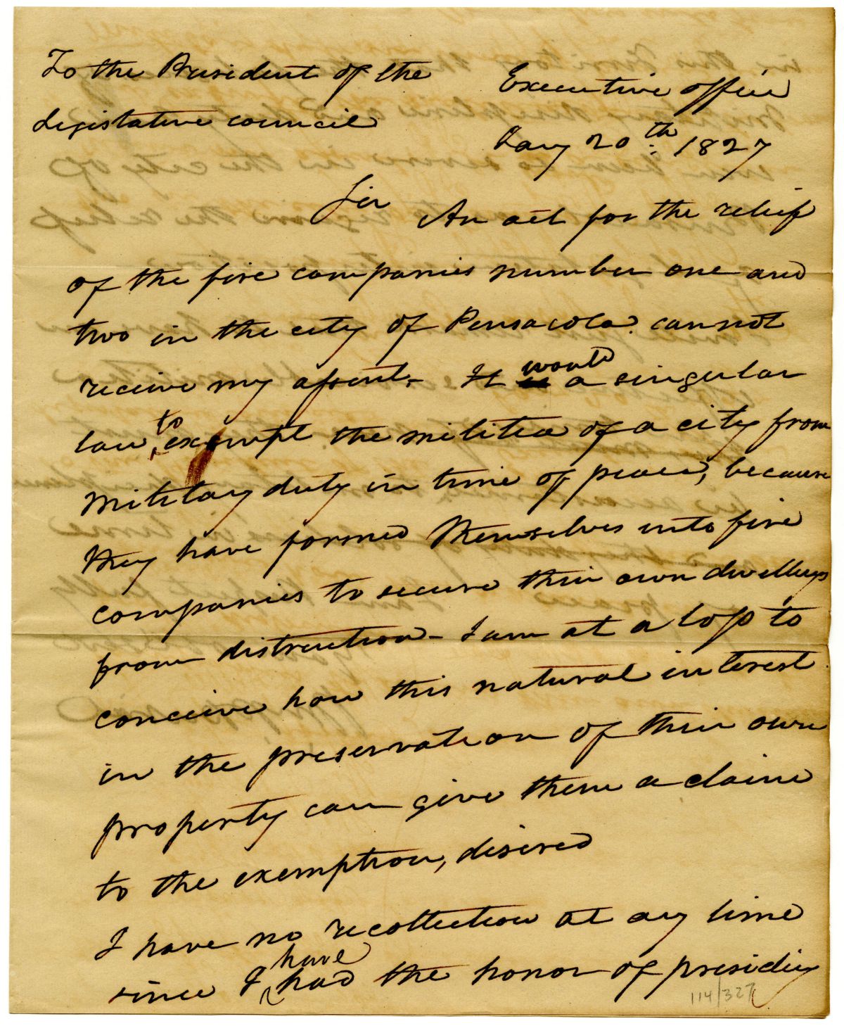 Letter from Governor William Pope Duval to the President of the Territorial Legislative Council Rejecting an Act for the Relief of Militia in Pensacola, 1827