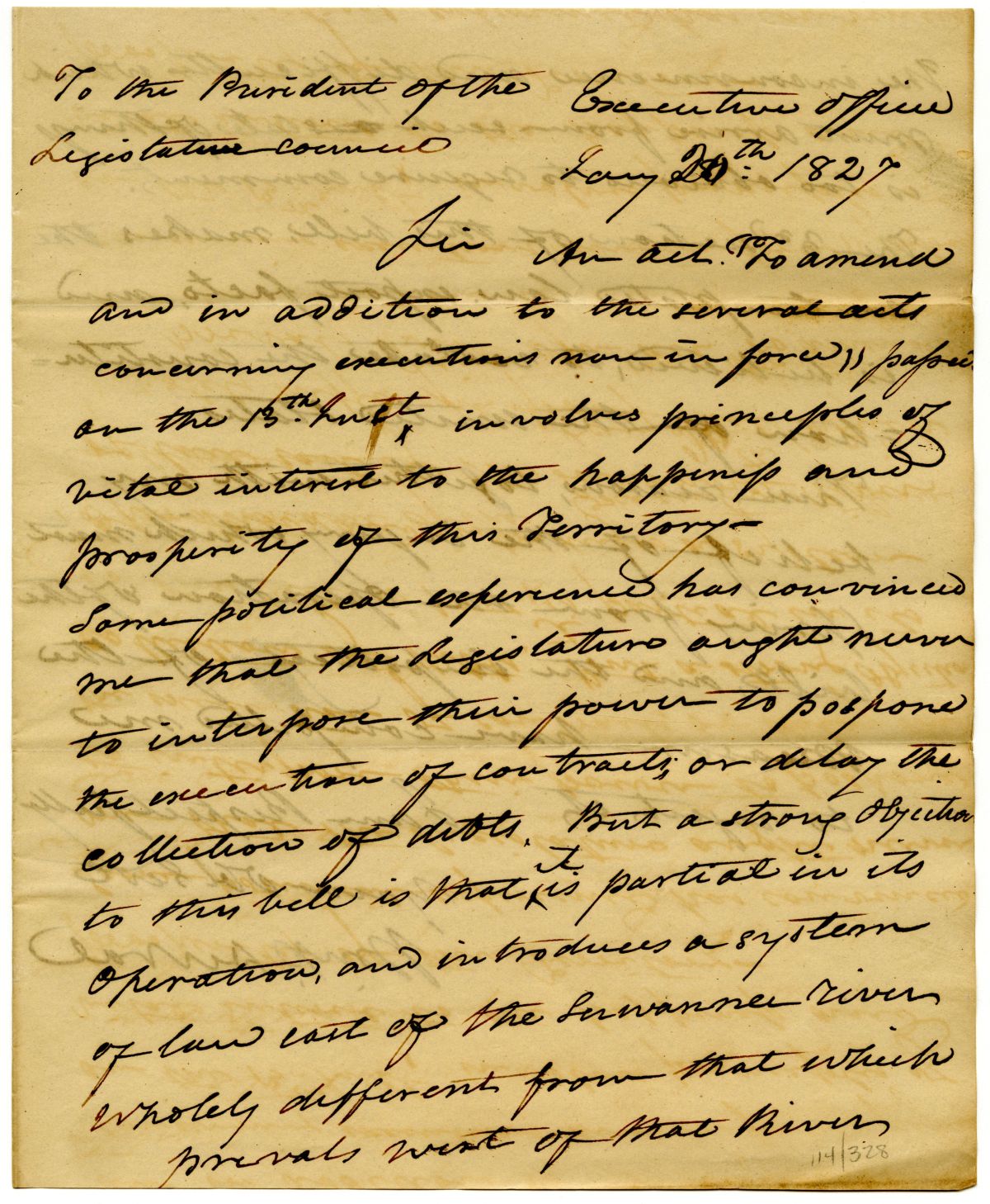 Letter from Governor William Pope Duval to the President of the Territorial Legislative Council Rejecting an Act Concerning Executions, 1827