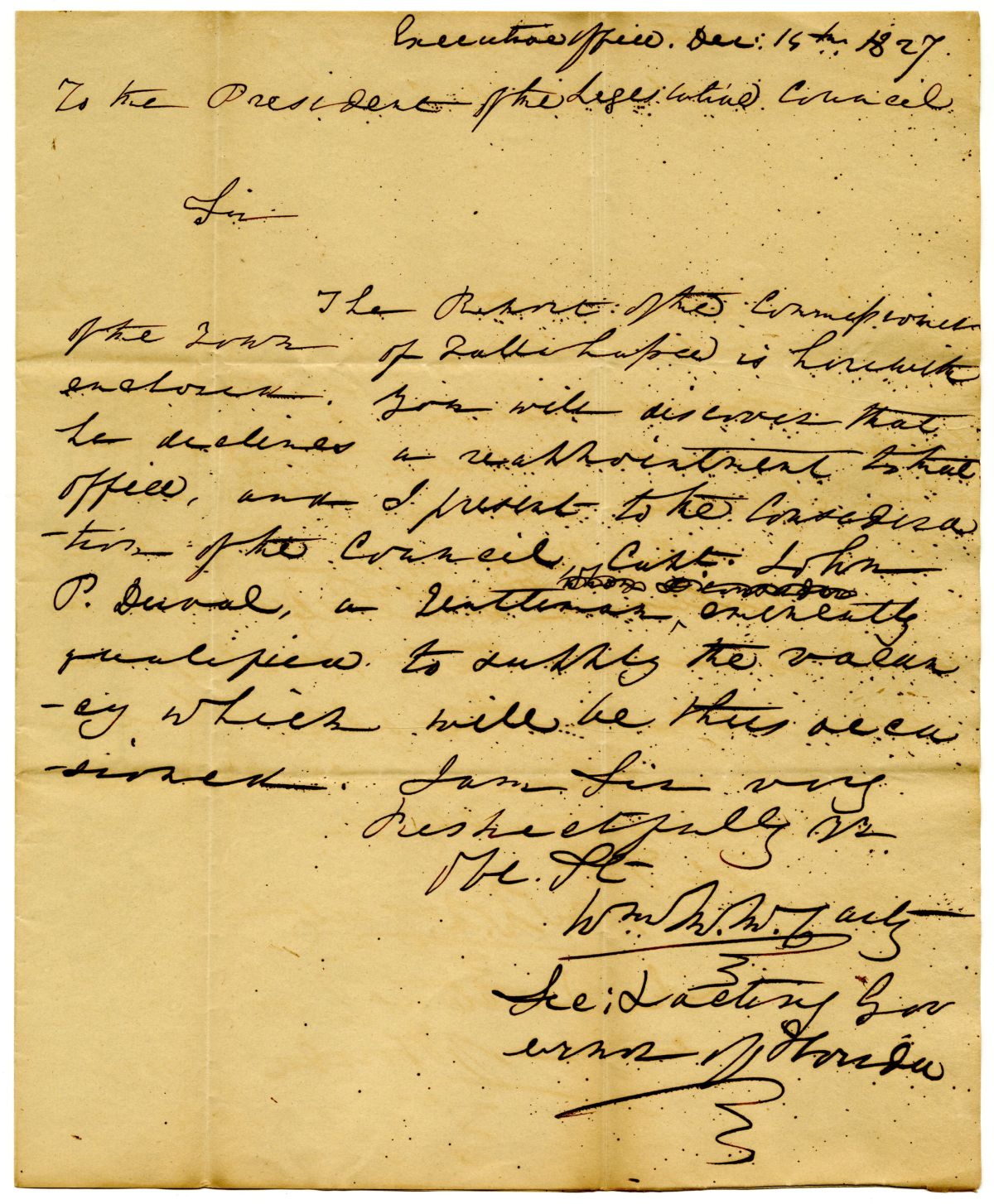 Letter from Acting Governor William McCarty to the President of the Territorial Legislative Council Suggesting John P. Duval for City Commissioner, 1827