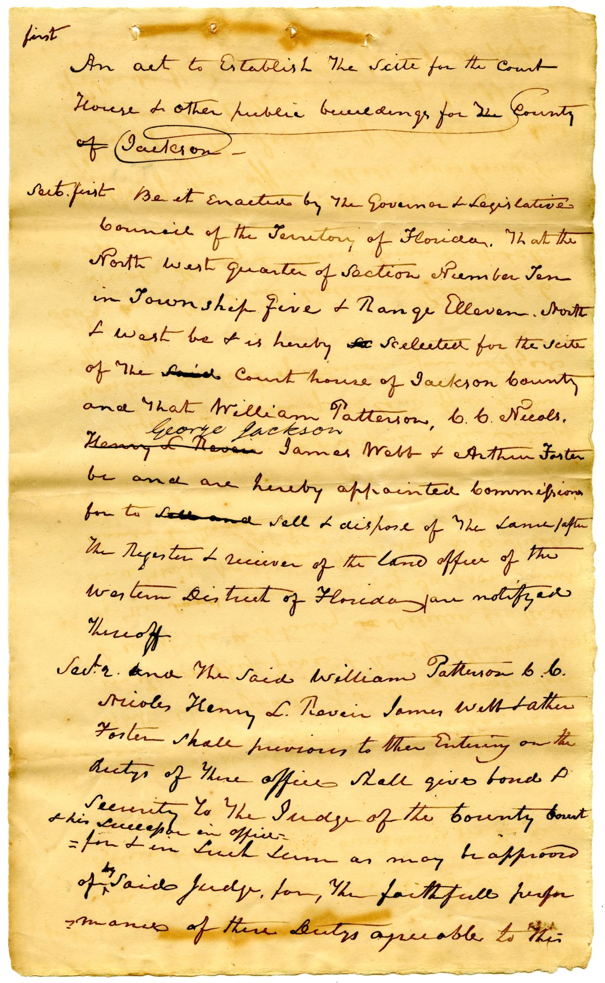 Draft of an Act to Establish the Site of the Courthouse and Public Buildings in Jackson County, circa 1827