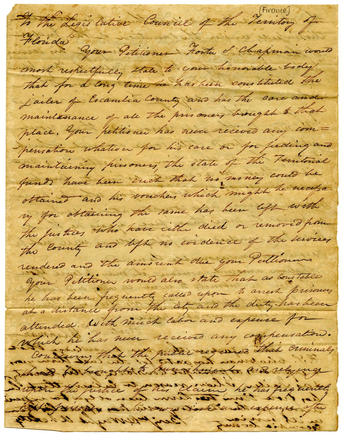 Petition of Foster S. Chapman to the Territorial Legislative Council Requesting Compensation for Work Done as Constable, 1827