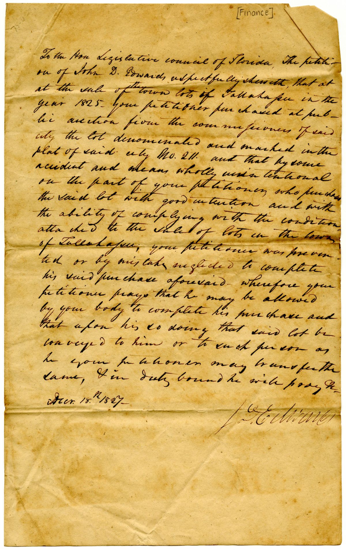 Petition of J. D. Edwards to the Territorial Legislative Council Requesting They Grant Him a Lot in Tallahassee, 1827