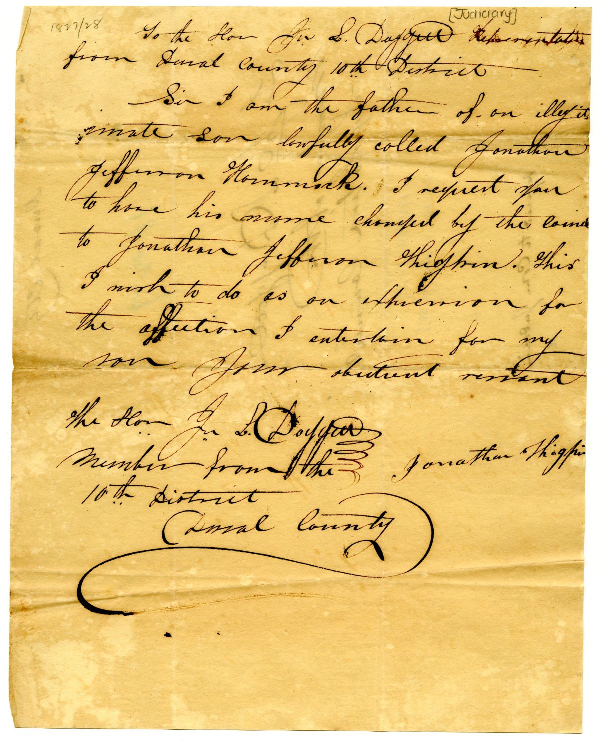 Petition of Jonathan Thigpin to John L. Doggett Requesting His Son's Name Be Legally Changed, 1827