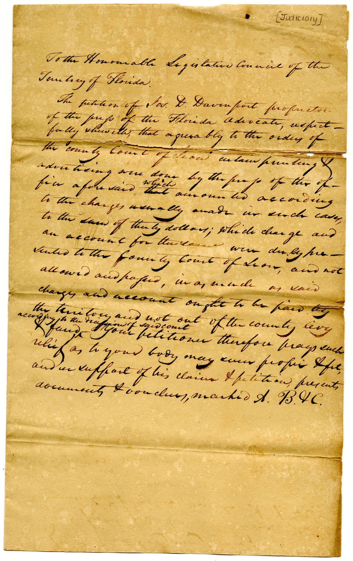 Petition of Joseph D. Davenport Requesting Compensation for Printing Work, 1827