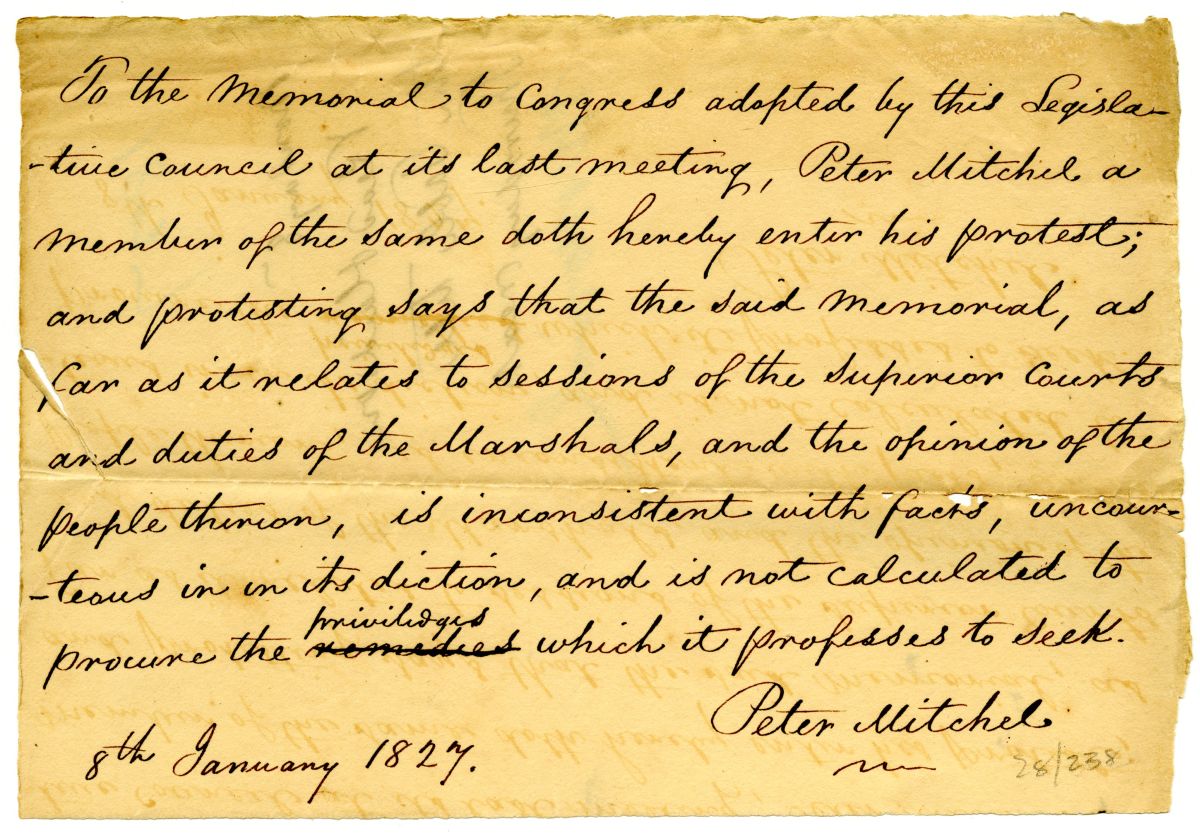 Note from Peter Mitchel Protesting a Memorial to Congress by the Territorial Legislative Council, 1827