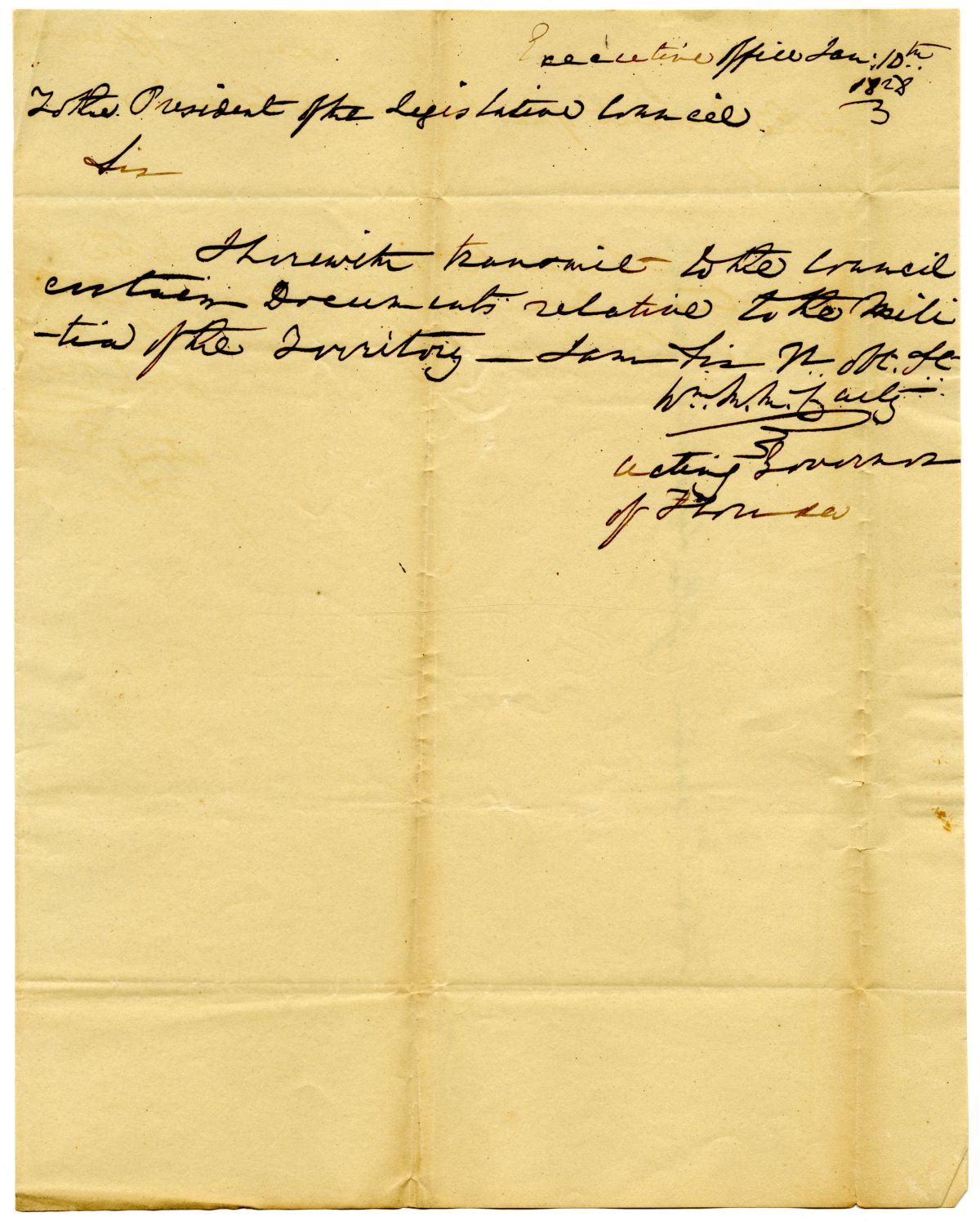 Letter from Acting Governor William McCarty Transferring Documents to the Territorial Legislative Council, 1828