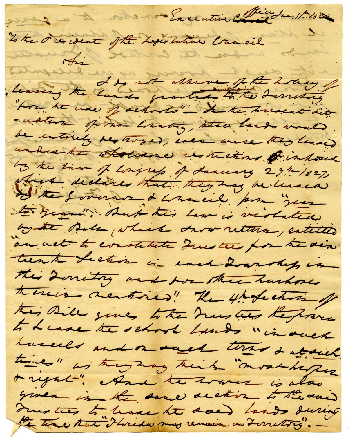 Letter from Acting Governor William McCarty to the President of the Territorial Legislative Council Rejecting a Bill for Leasing Land, 1828