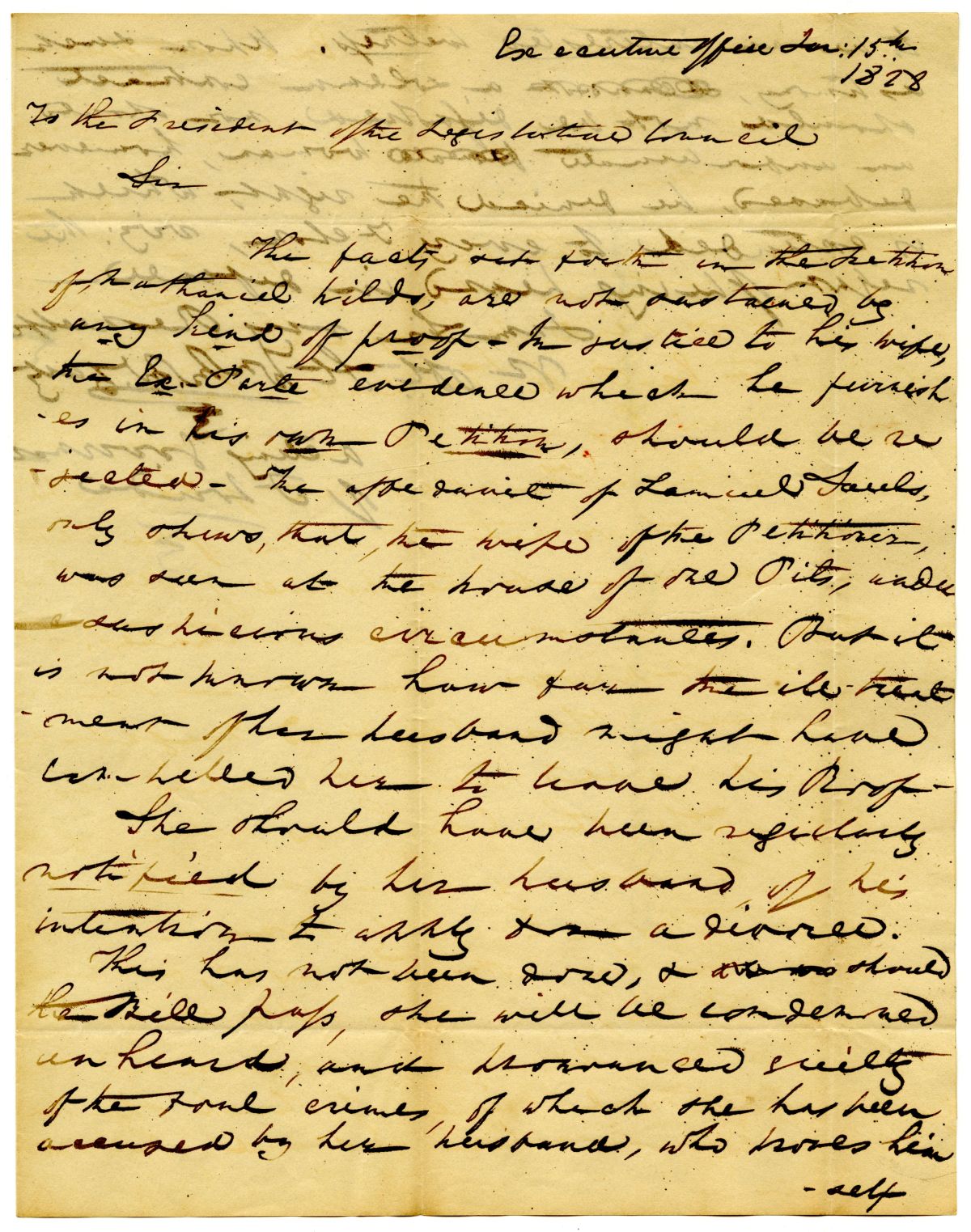 Letter from Acting Governor William McCarty to the President of the Territorial Legislative Council Rejecting the Divorce Bill of the Wilds, 1828