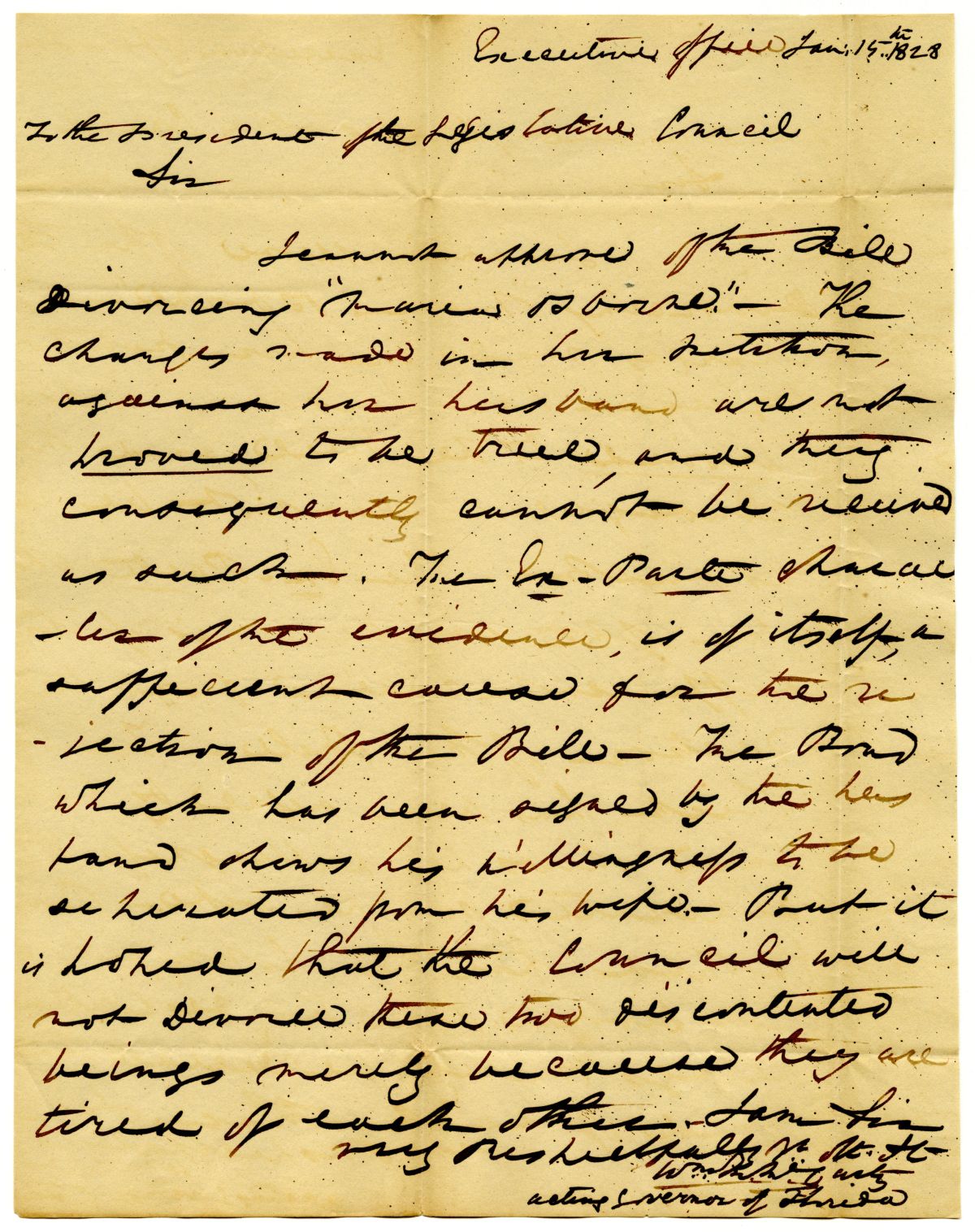 Letter from Acting Governor William McCarty to the President of the Territorial Legislative Council Rejecting the Divorce Bill of Maria Osborne, 1828