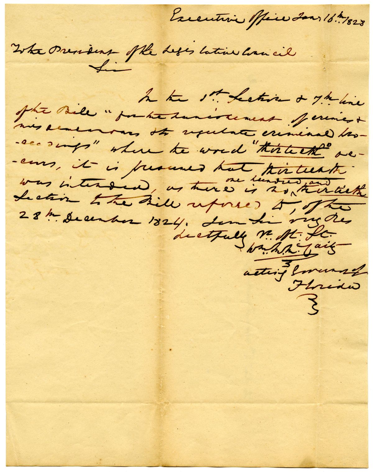 Letter from Acting Governor William McCarty to the President of the Territorial Legislative Council Correcting an Error in a Bill, 1828