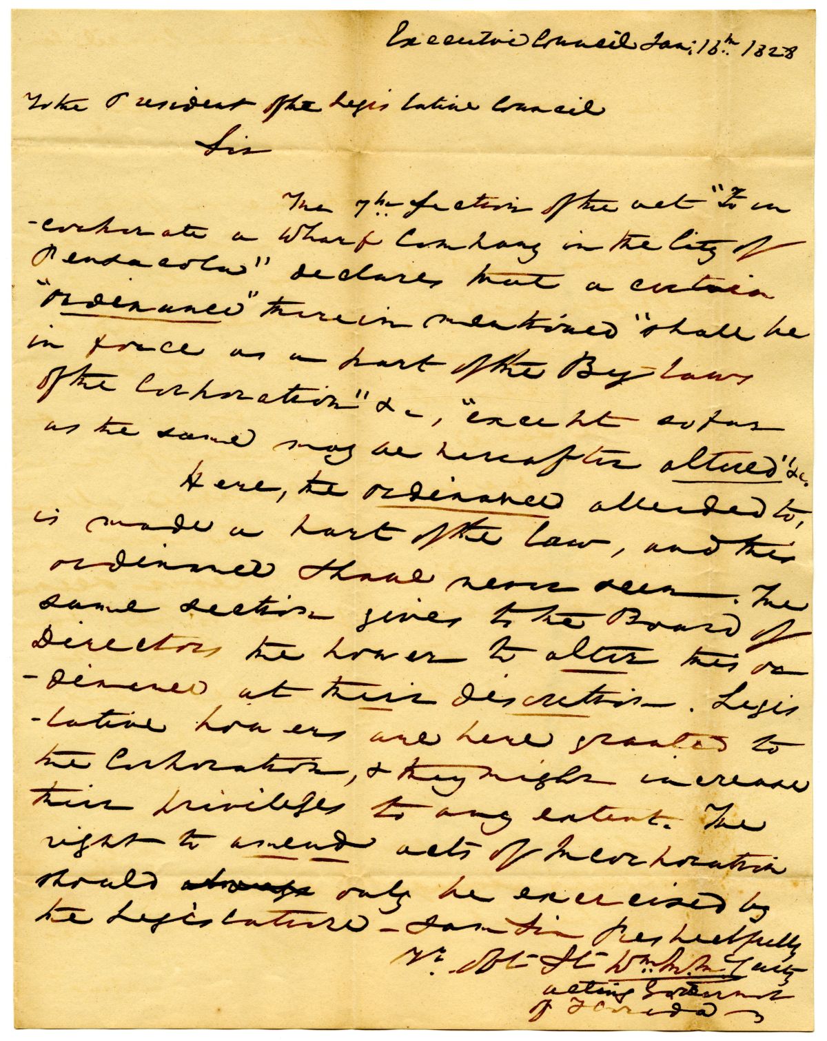 Letter from Acting Governor William McCarty to the President of the Territorial Legislative Council Commenting on a Bill Concerning a Wharf in Pensacola, 1828