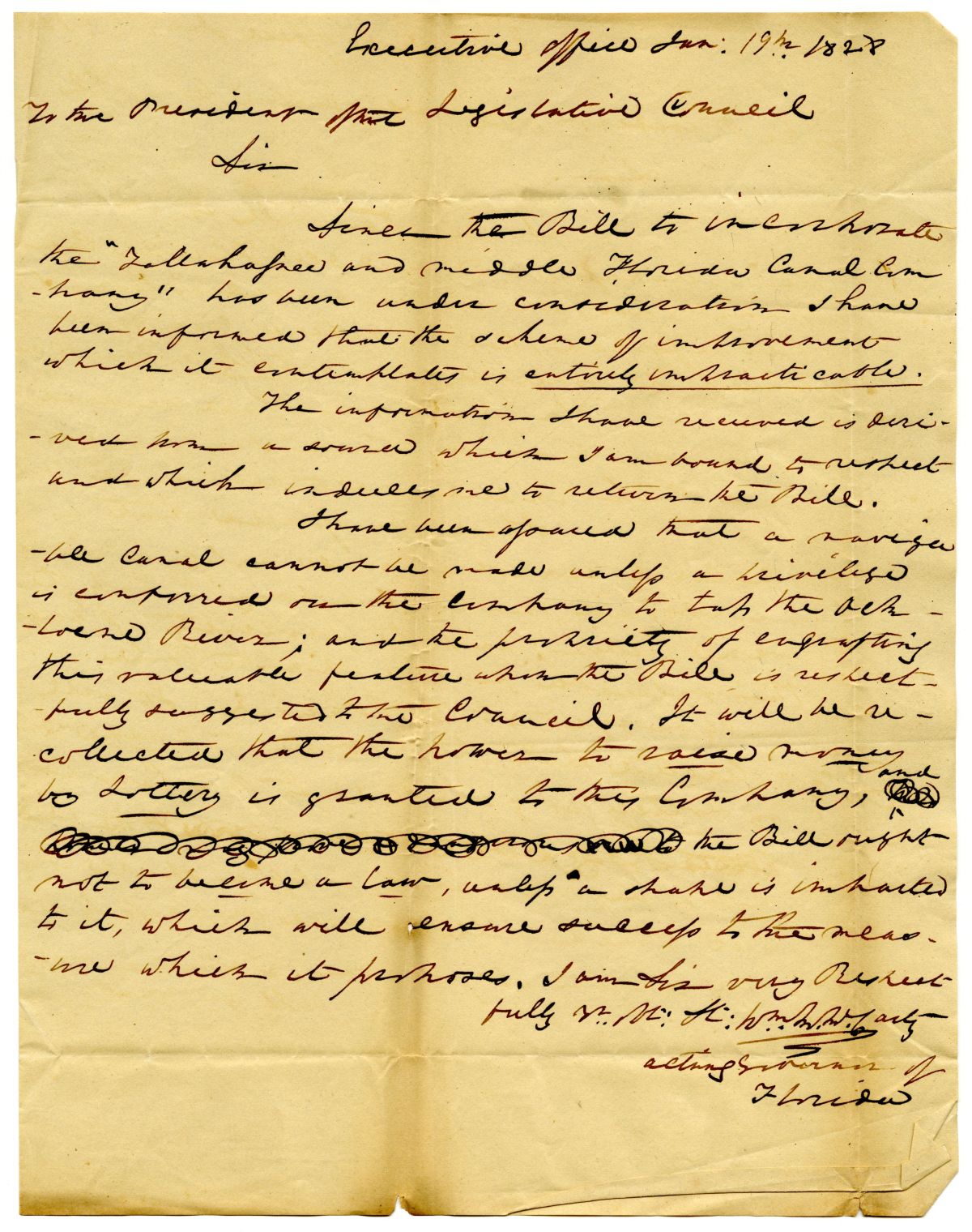 Letter from Acting Governor William McCarty to the President of the Territorial Legislative Council Returning a Bill to Create a Canal Company, 1828