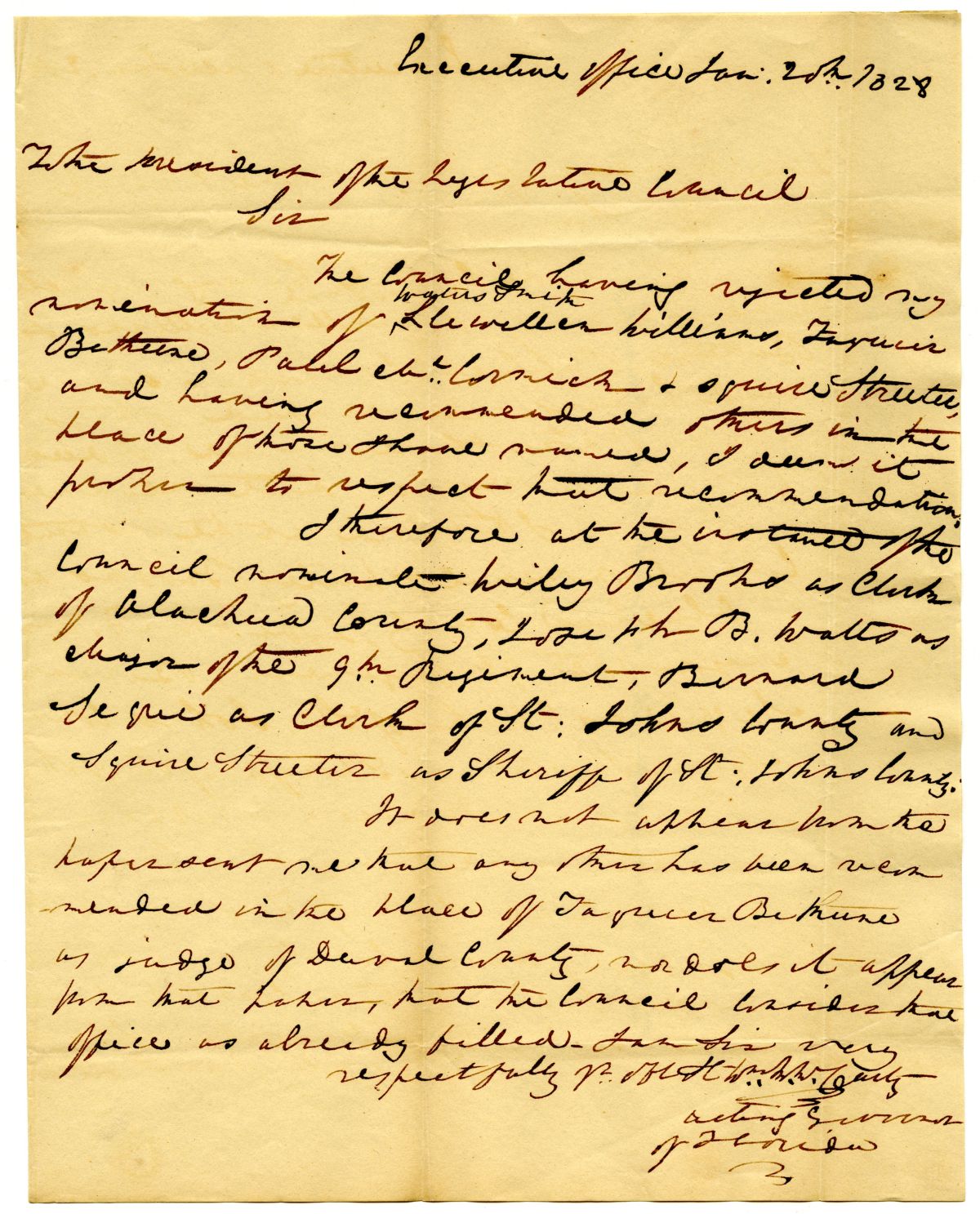 Letter from Acting Governor William McCarty to the President of the Territorial Legislative Council Nominating County Officers, 1828