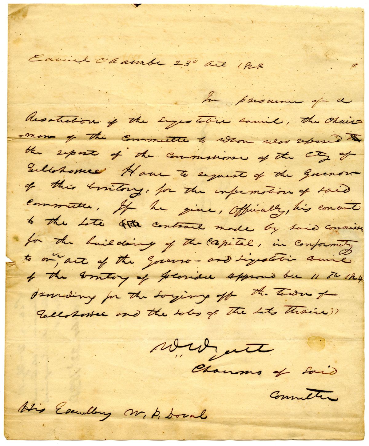 Letter from William Wyatt to Governor William Pope Duval Requesting Information Concerning the Capitol, 1828