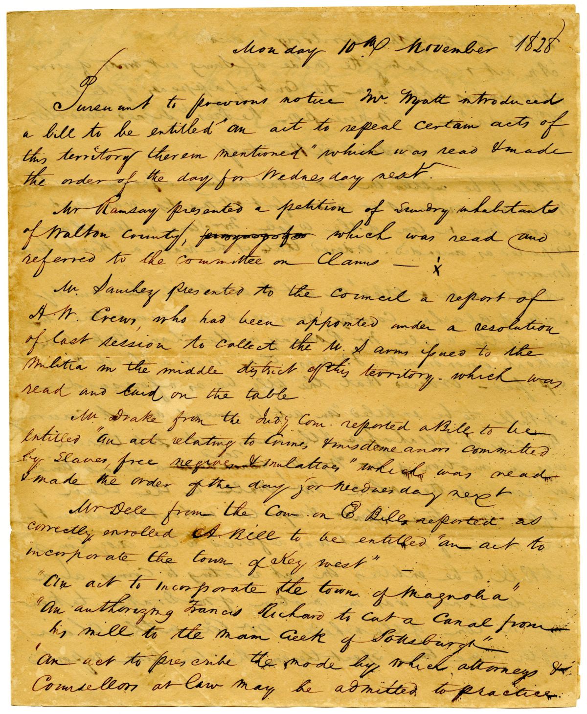 Minutes of the Florida Territorial Legislative Council - November 10, 1828