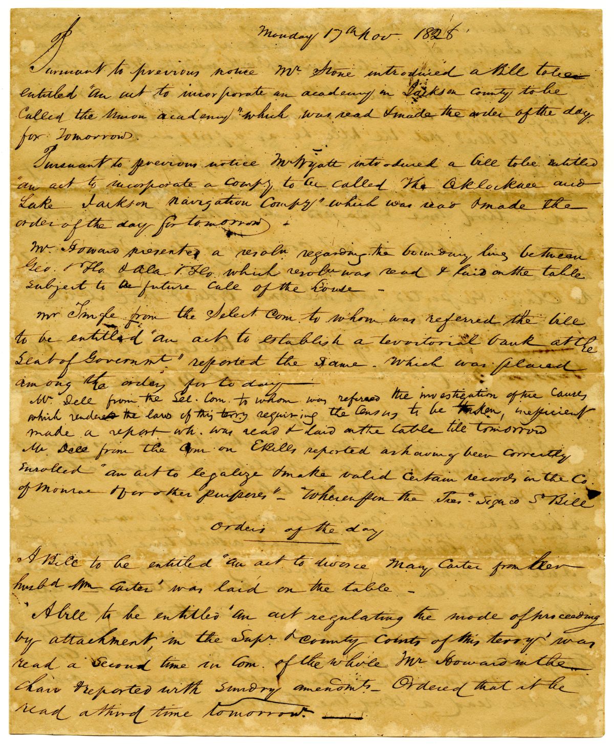 Minutes of the Florida Territorial Legislative Council - November 17, 1828