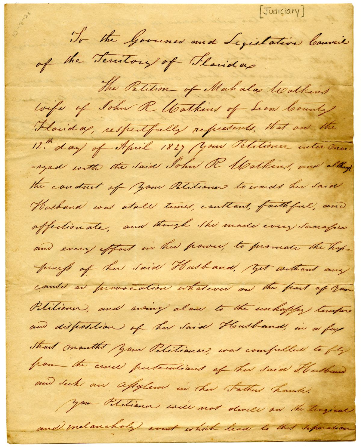 Divorce Petition of Mahala Watkins, 1828